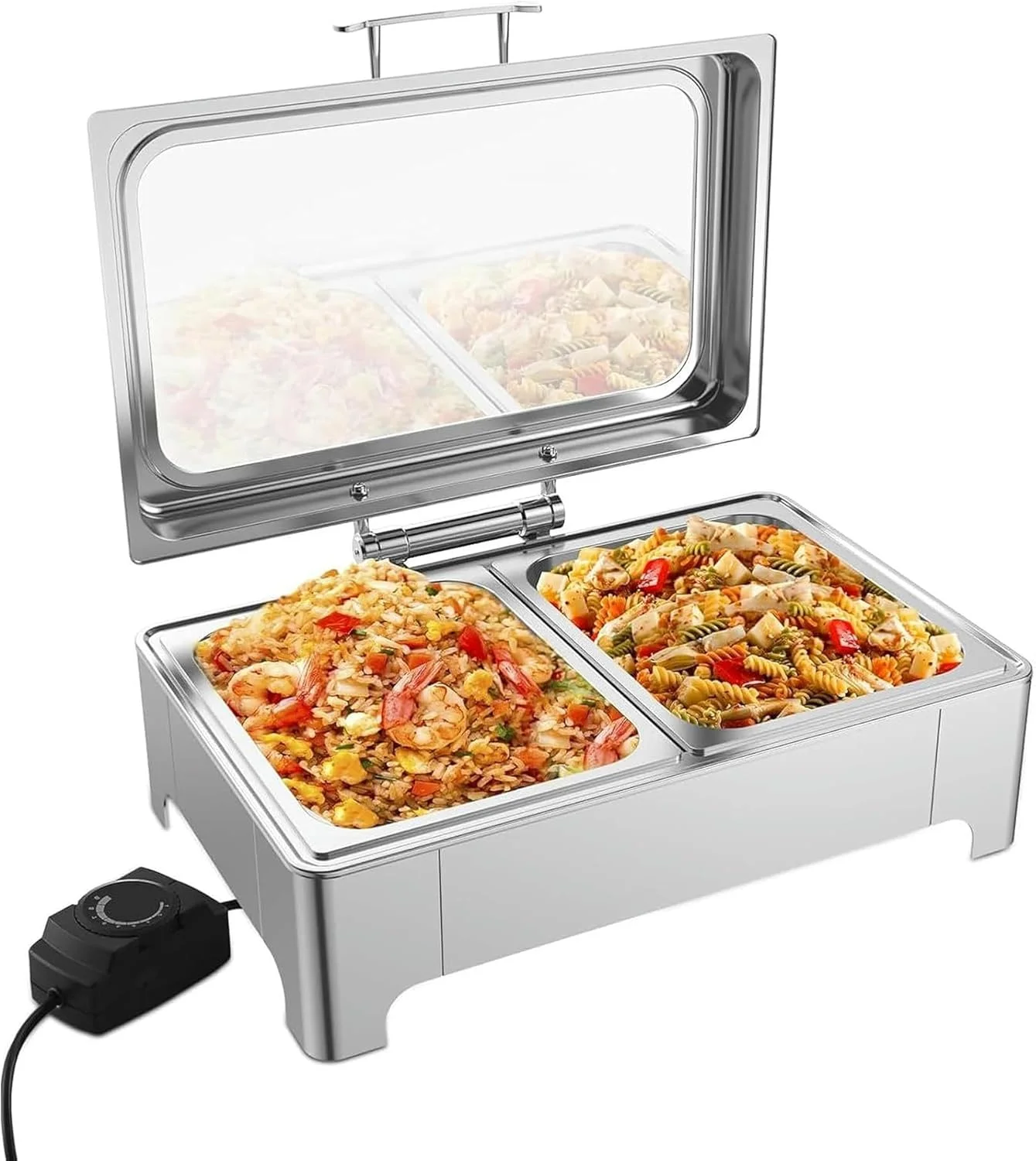 ظروف گرم نگهدارنده غذا استیل ضد زنگ، ست بوفه ظرف گرمکن غذا با 2 ظرف نیم سایز، گرم کننده غذا برای مهمانی ها، بوفه ها، عروسی ها، ضیافت ها (9QT)