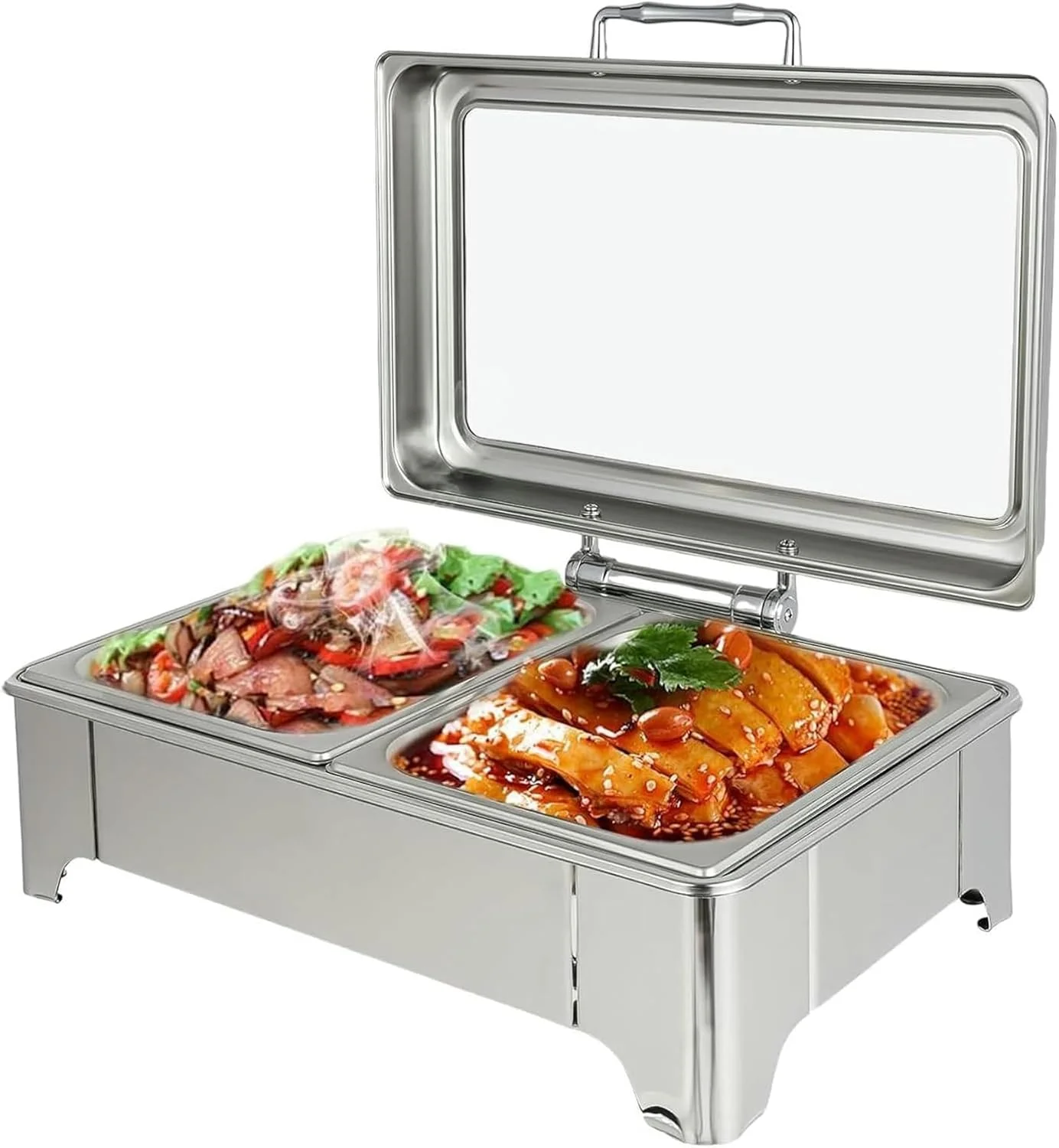 گرمکن غذا مستطیلی درب رول تاپ، گرمکن استیل ضد زنگ غذا برای پذیرایی، دارای 2 ظرف نیم سایز برای مهمانی ها و پذیرایی (13QT)