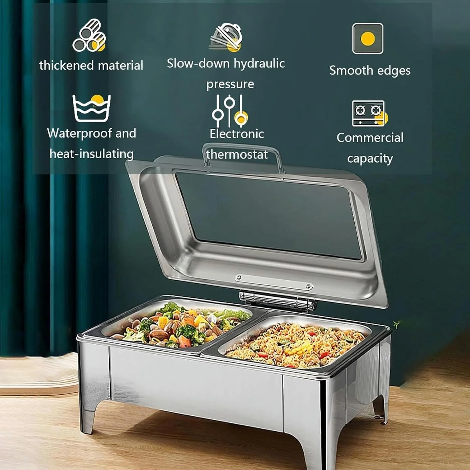 ظروف گرم نگهدارنده غذا استیل ضد زنگ، ست بوفه ظرف گرمکن غذا با 2 ظرف نیم سایز، گرم کننده غذا برای مهمانی ها، بوفه ها، عروسی ها، ضیافت ها (9QT)
