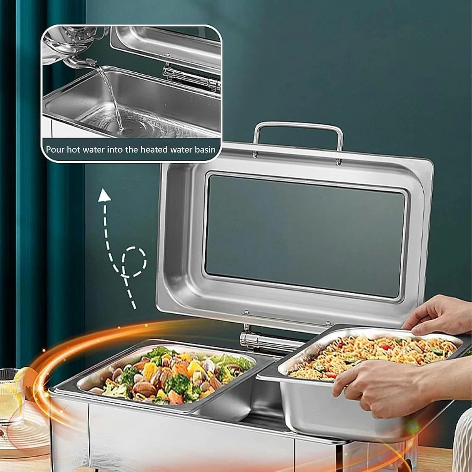 گرمکن غذا مستطیلی درب رول تاپ، گرمکن استیل ضد زنگ غذا برای پذیرایی، دارای 2 ظرف نیم سایز برای مهمانی ها و پذیرایی (13QT)