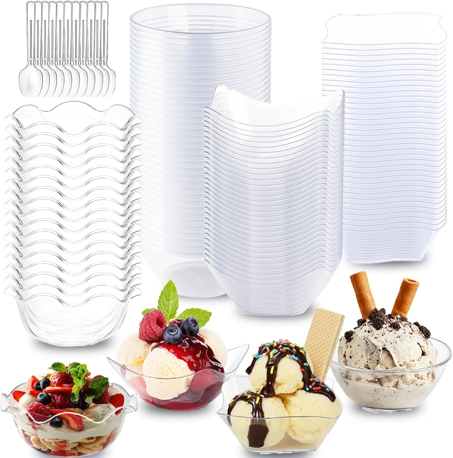 ظروف دسر مینیاتوری نیوتای، 280 عدد، همراه با قاشق، 3/5/6 اونس، کاسه دسر یکبار مصرف شفاف، فنجان پلاستیکی کوچک برای مهمانی، بوفه، ماست، پارفه، میوه، بستنی، پودینگ، موس، پیش غذا