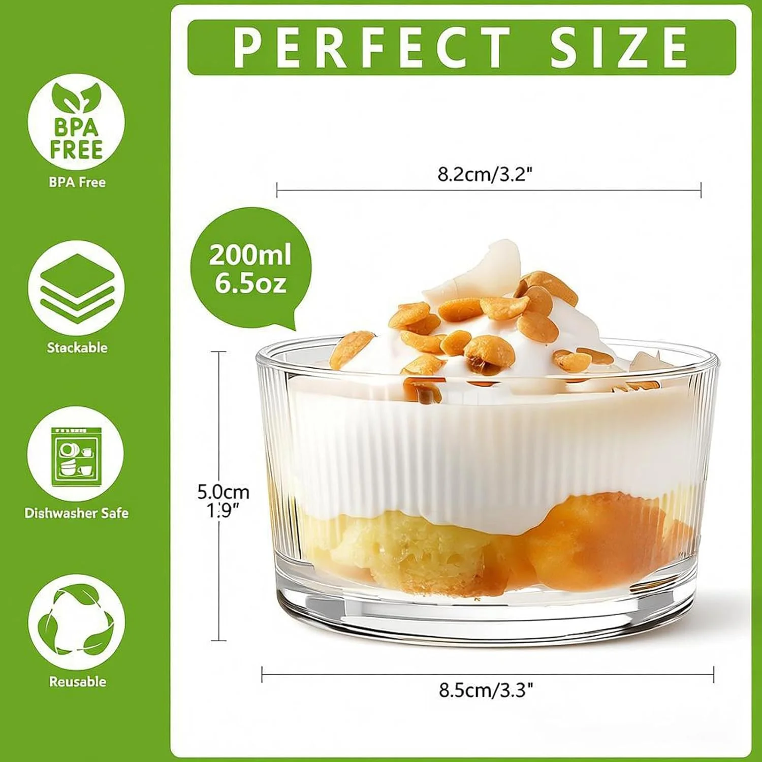 ظروف دسر شیشه ای BPFY، بسته 8 عددی، 200 میلی لیتری، کاسه های بستنی دنده دار برای بستنی، میوه، پودینگ، تنقلات، پارفه، ترایفل، مناسب برای مهمانی ها، تعطیلات و استفاده روزمره