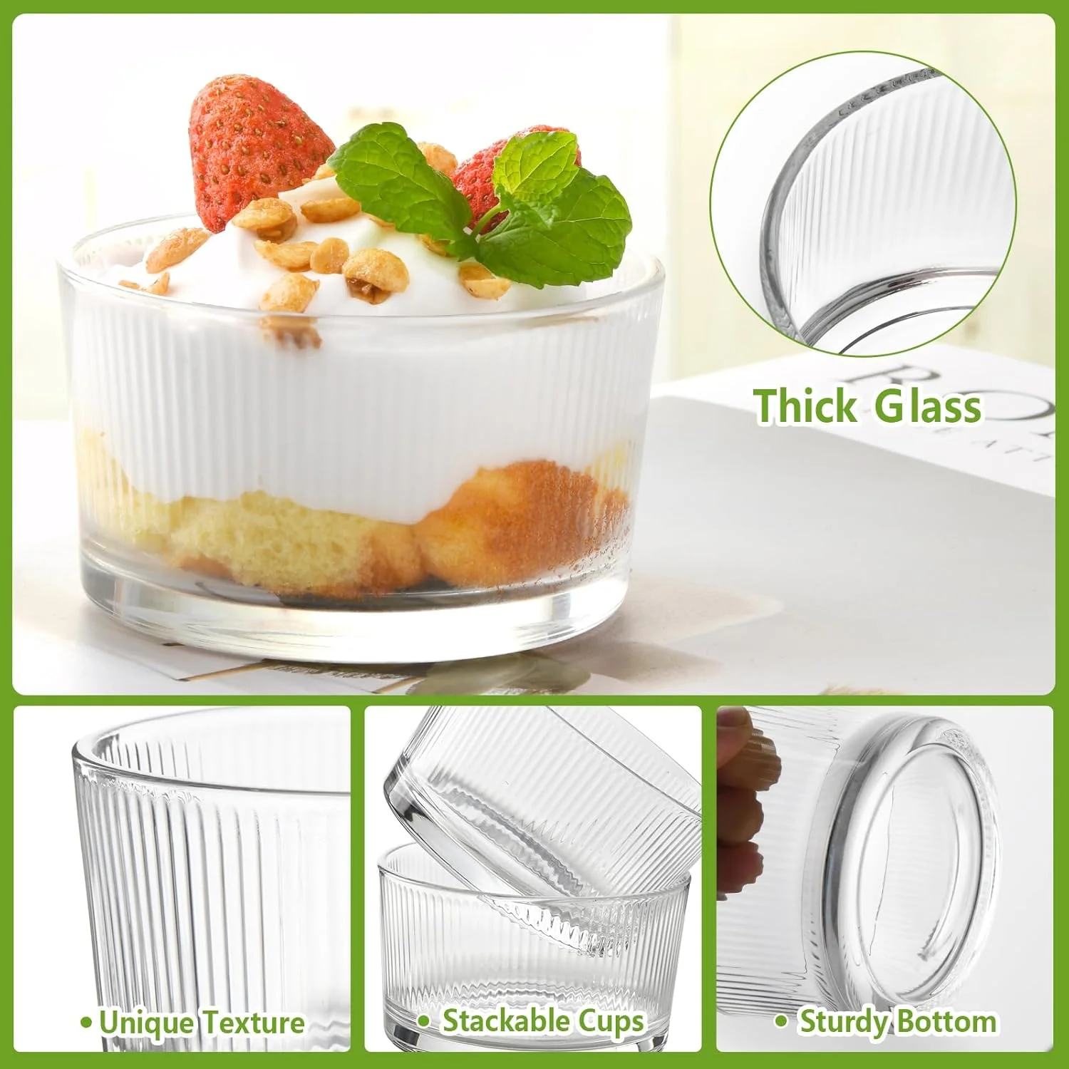 ظروف دسر شیشه ای BPFY، بسته 8 عددی، 200 میلی لیتری، کاسه های بستنی دنده دار برای بستنی، میوه، پودینگ، تنقلات، پارفه، ترایفل، مناسب برای مهمانی ها، تعطیلات و استفاده روزمره