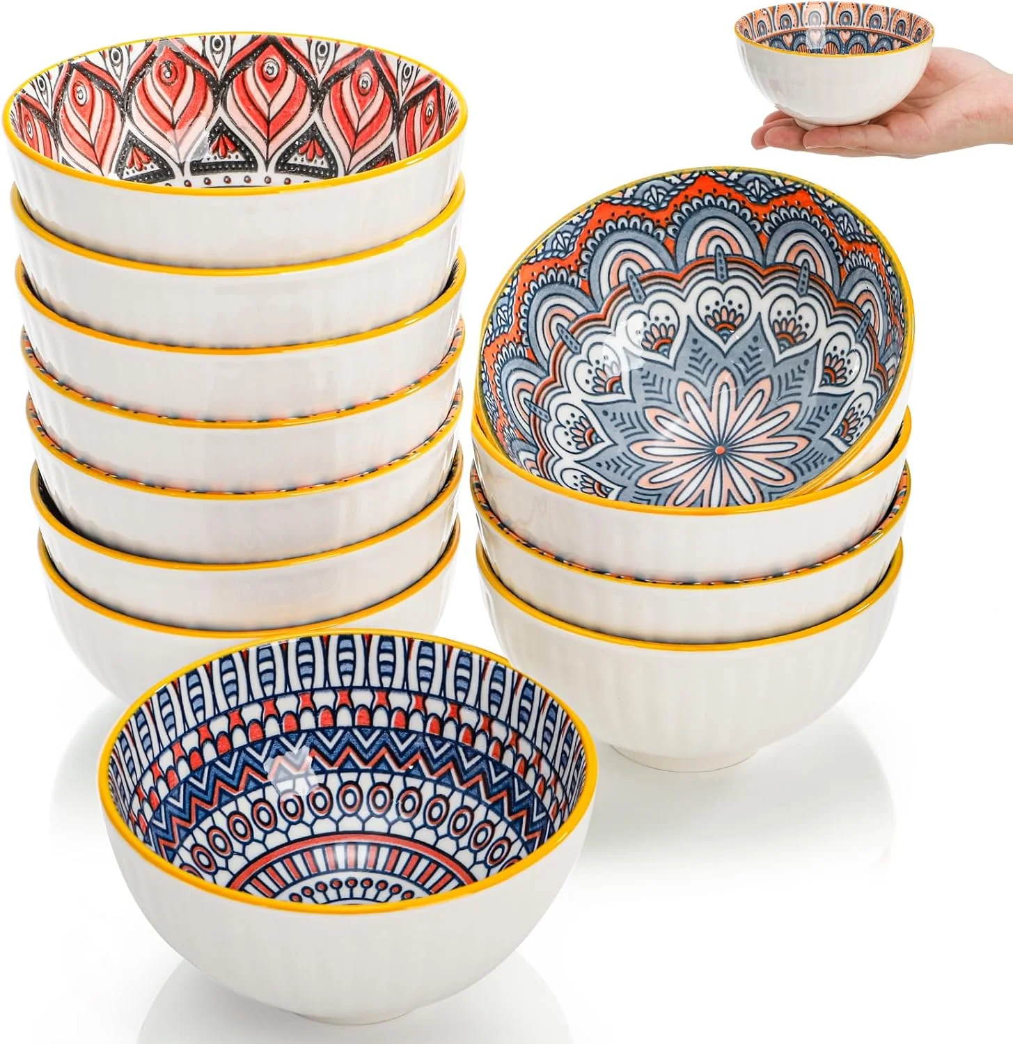 ست 12 تایی کاسه سرامیکی کوچک Noamus، کاسه دسر رنگارنگ 300 میلی لیتری، کاسه بستنی 11 سانتی متری، کاسه تزئینی بوهو چینی برای چاشنی سوپ اسنک، مخلفات، آشپزخانه، قابل استفاده در مایکروویو (4 سبک)