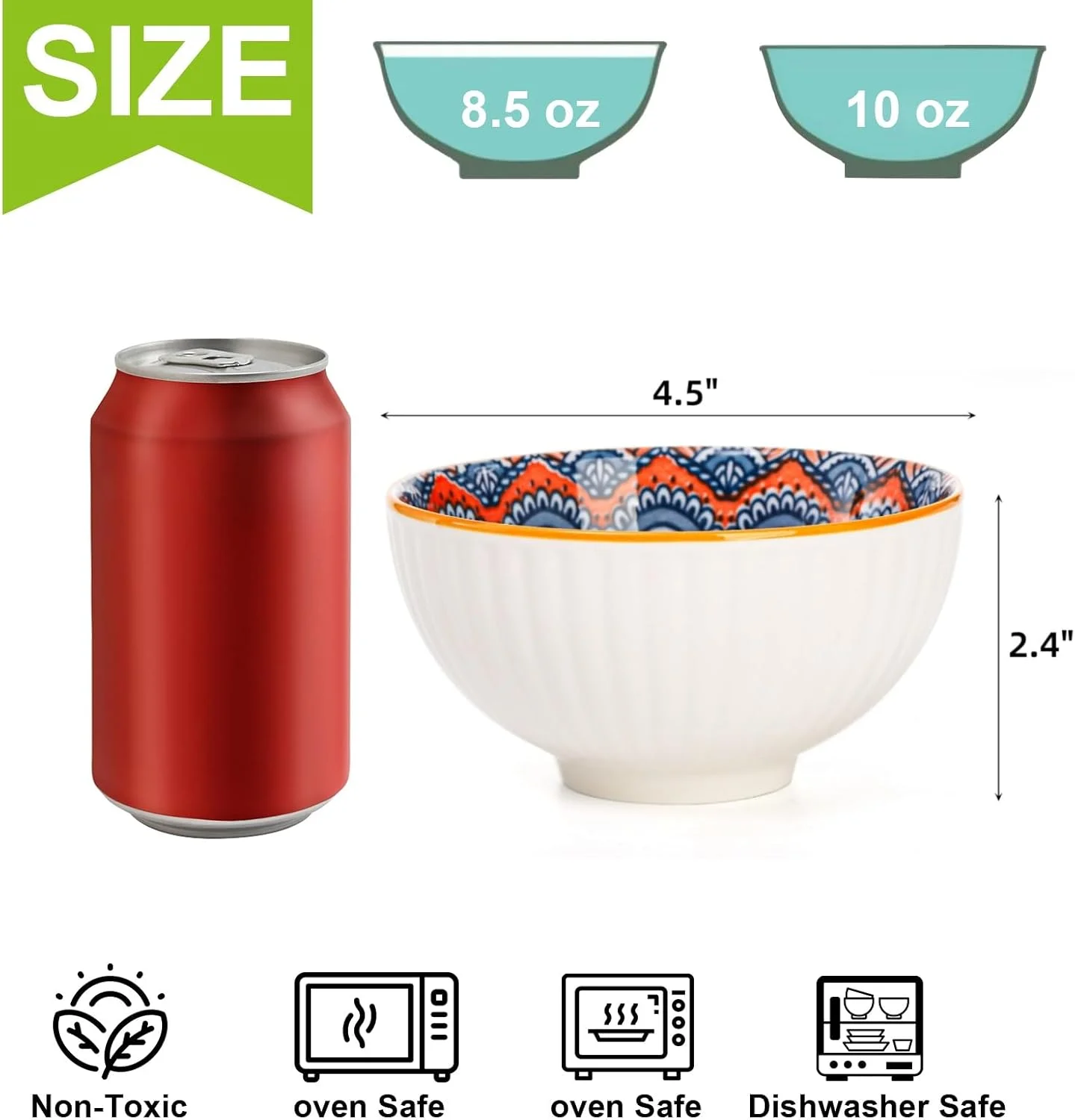 ست 12 تایی کاسه سرامیکی کوچک Noamus، کاسه دسر رنگارنگ 300 میلی لیتری، کاسه بستنی 11 سانتی متری، کاسه تزئینی بوهو چینی برای چاشنی سوپ اسنک، مخلفات، آشپزخانه، قابل استفاده در مایکروویو (4 سبک)