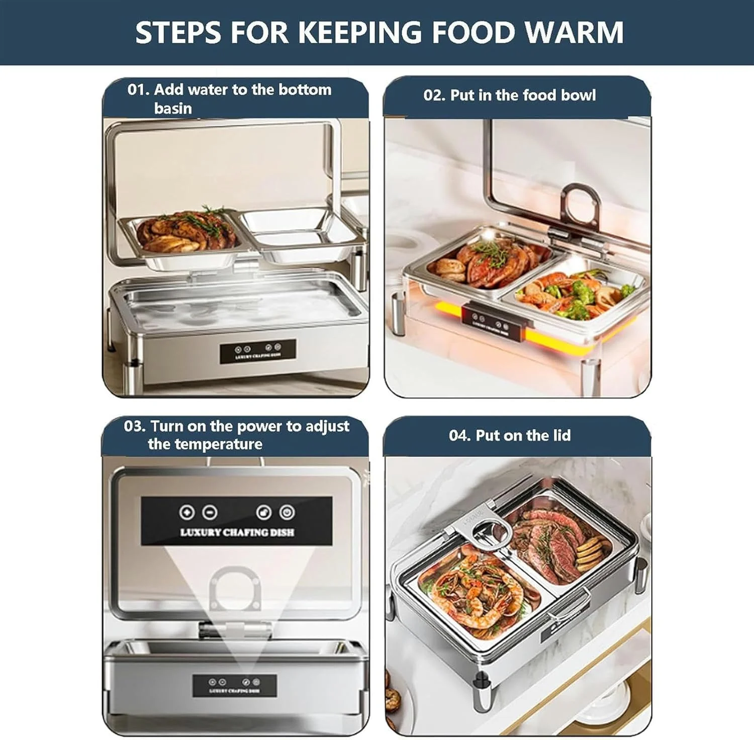 گرمکن برقی غذا، گرمکن بوفه، اجاق گاز آشپزخانه تجاری با صفحه نمایش دما 30-90 درجه سانتیگراد / 300W-800W گرمایش سریع و یکنواخت، مربعی