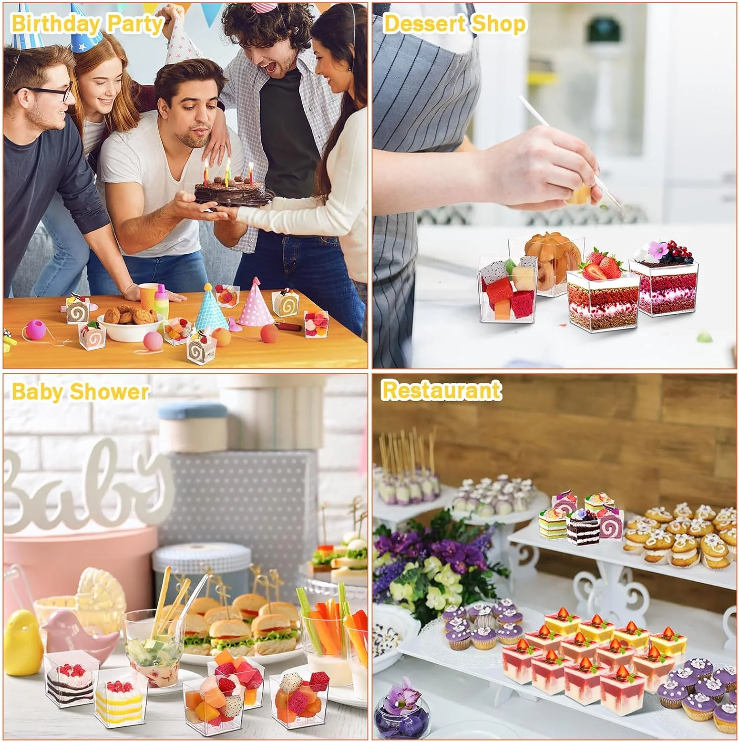 زوببه 150 عدد فنجان دسر 3 اونسی، فنجان های پیش غذا پلاستیکی شفاف، کاسه های دسر مربع کوچک، کاسه های سرو مینیاتوری برای مهمانی تست، جشن نوزاد، عروسی، هدیه جشن تولد