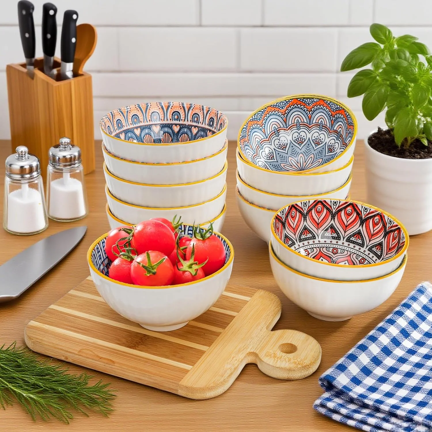 ست 12 تایی کاسه سرامیکی کوچک Noamus، کاسه دسر رنگارنگ 300 میلی لیتری، کاسه بستنی 11 سانتی متری، کاسه تزئینی بوهو چینی برای چاشنی سوپ اسنک، مخلفات، آشپزخانه، قابل استفاده در مایکروویو (4 سبک)