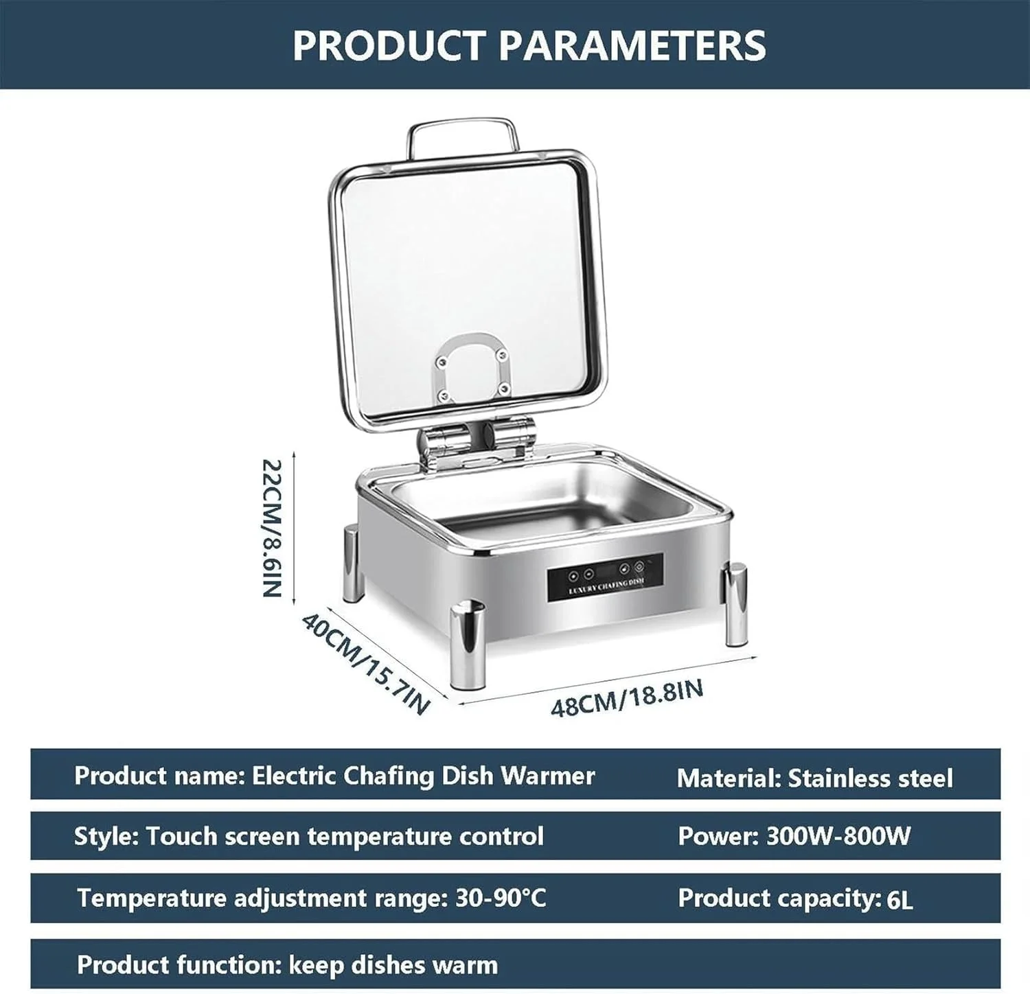 گرمکن برقی غذا، گرمکن بوفه، اجاق گاز آشپزخانه تجاری با صفحه نمایش دما 30-90 درجه سانتیگراد / 300W-800W گرمایش سریع و یکنواخت، مربعی