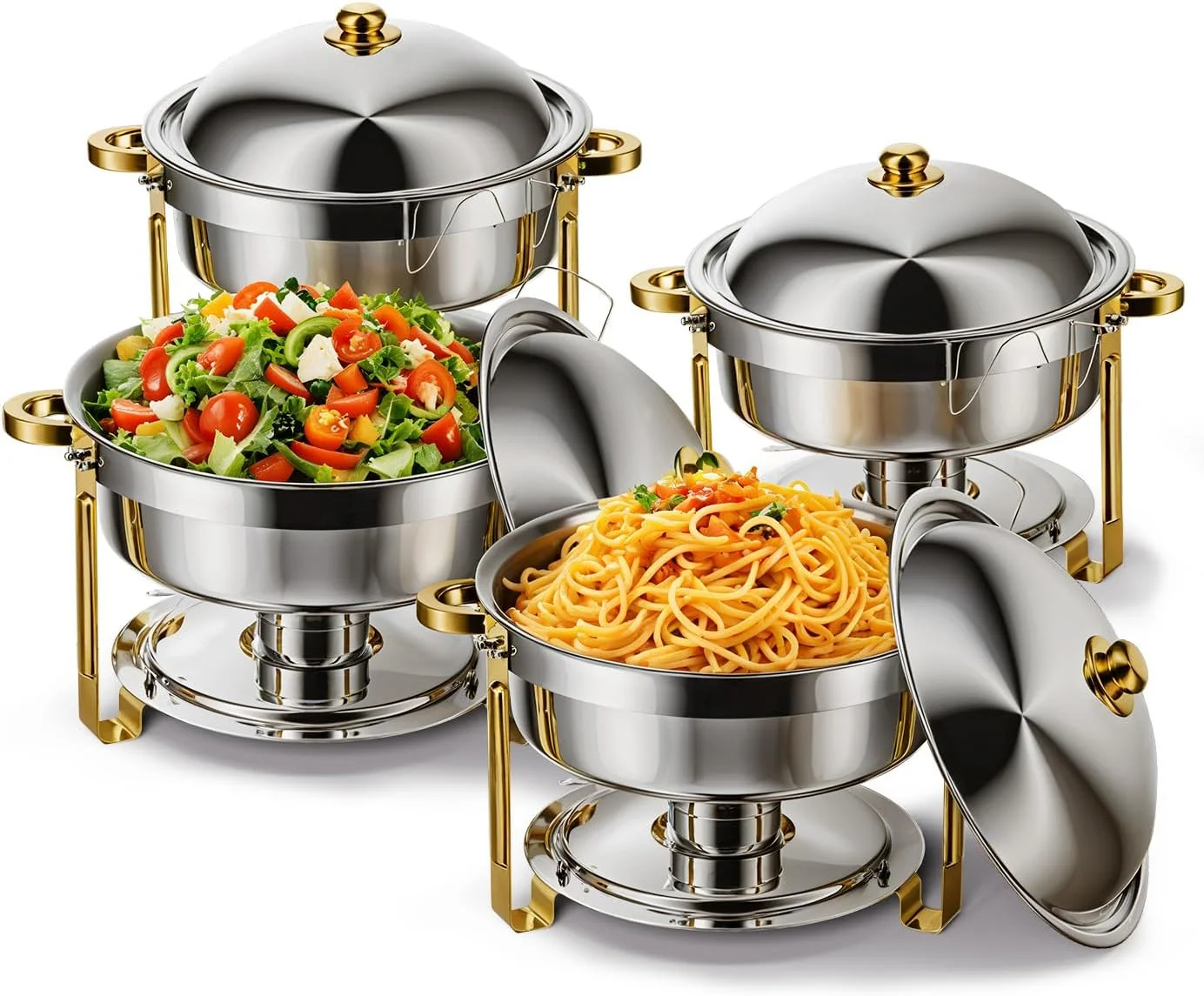 ظرف گرم نگهدارنده غذا هیات، بسته 4 عددی 6.8 لیتری مناسب بوفه، ست بوفه ظرف گرم نگهدارنده غذا 4 عددی، ظروف گرم نگهدارنده غذا گرد استیل ضد زنگ و گرم کننده های غذا به همراه درب، ظروف غذا و نگهدارنده سوخت، سینی بوفه برای مهمانی ها