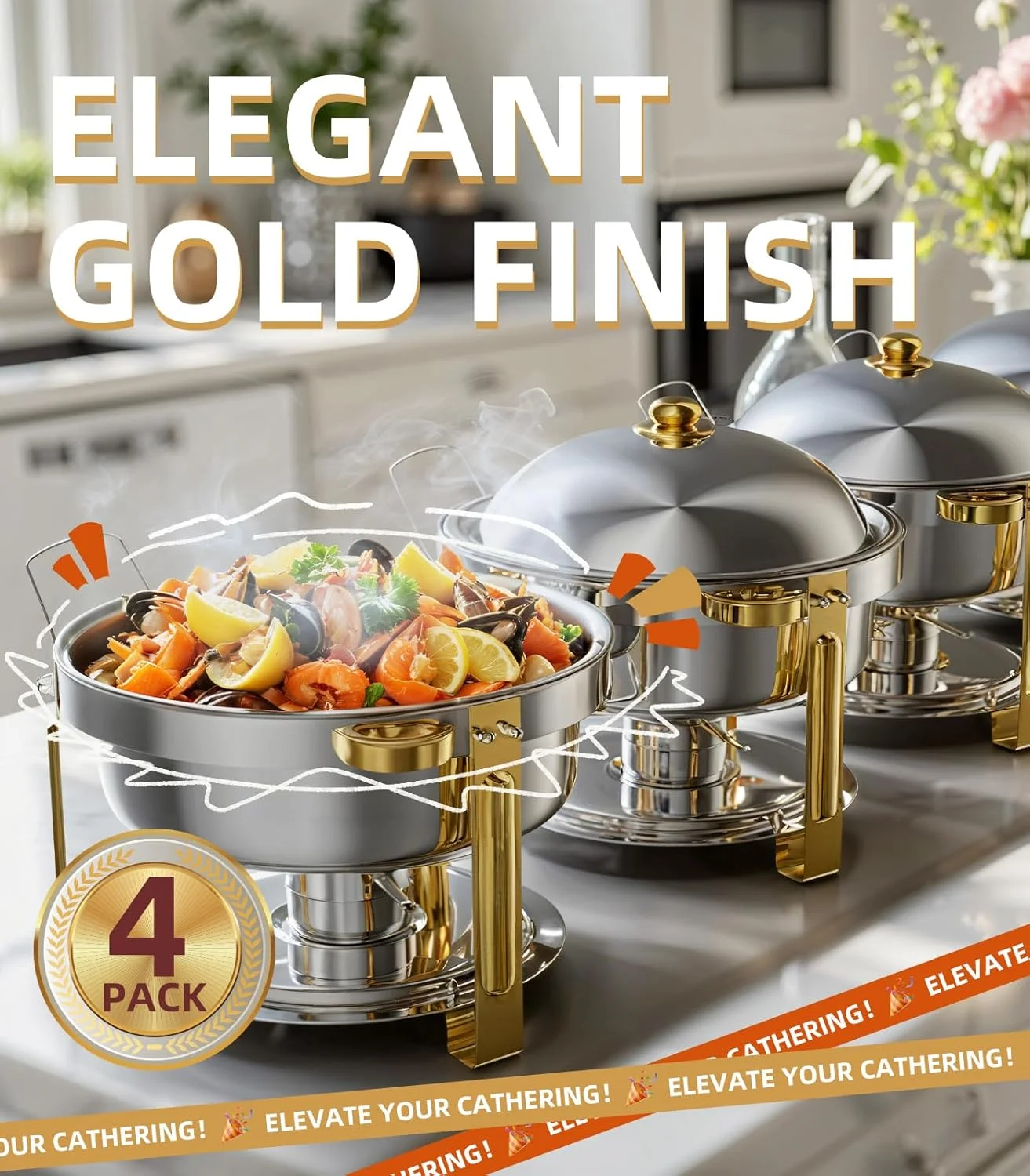 ظرف گرم نگهدارنده غذا هیات، بسته 4 عددی 6.8 لیتری مناسب بوفه، ست بوفه ظرف گرم نگهدارنده غذا 4 عددی، ظروف گرم نگهدارنده غذا گرد استیل ضد زنگ و گرم کننده های غذا به همراه درب، ظروف غذا و نگهدارنده سوخت، سینی بوفه برای مهمانی ها