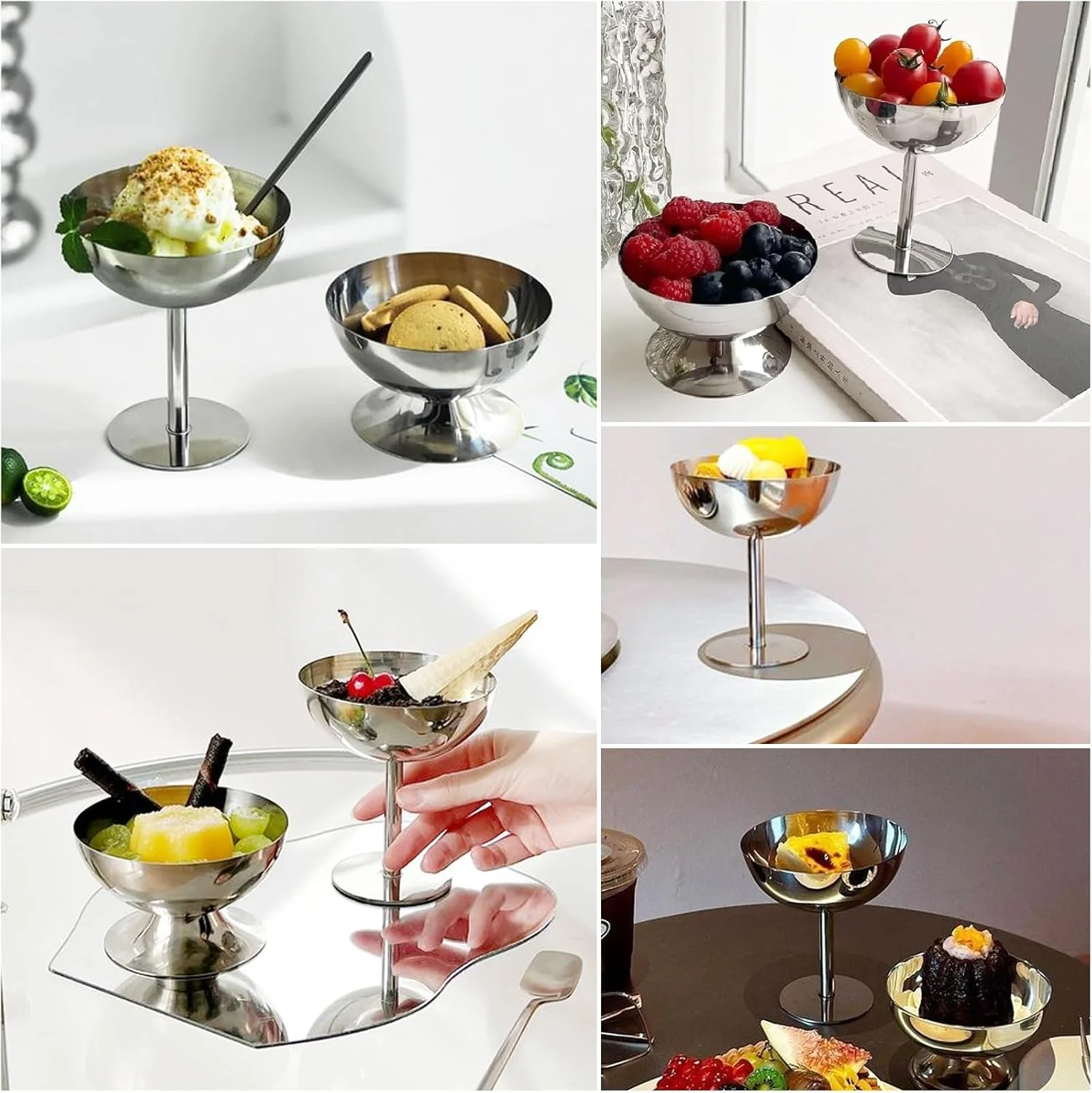 bssmmai Pack of 2 Ice Cream Bowls Stainless Steel Dessert Bowl with Base, Dessert Glasses 200 ml Stainless Steel Ice Cream Dessert Cups Dessert Cups for Ice Cream Fruit Salad Pudding