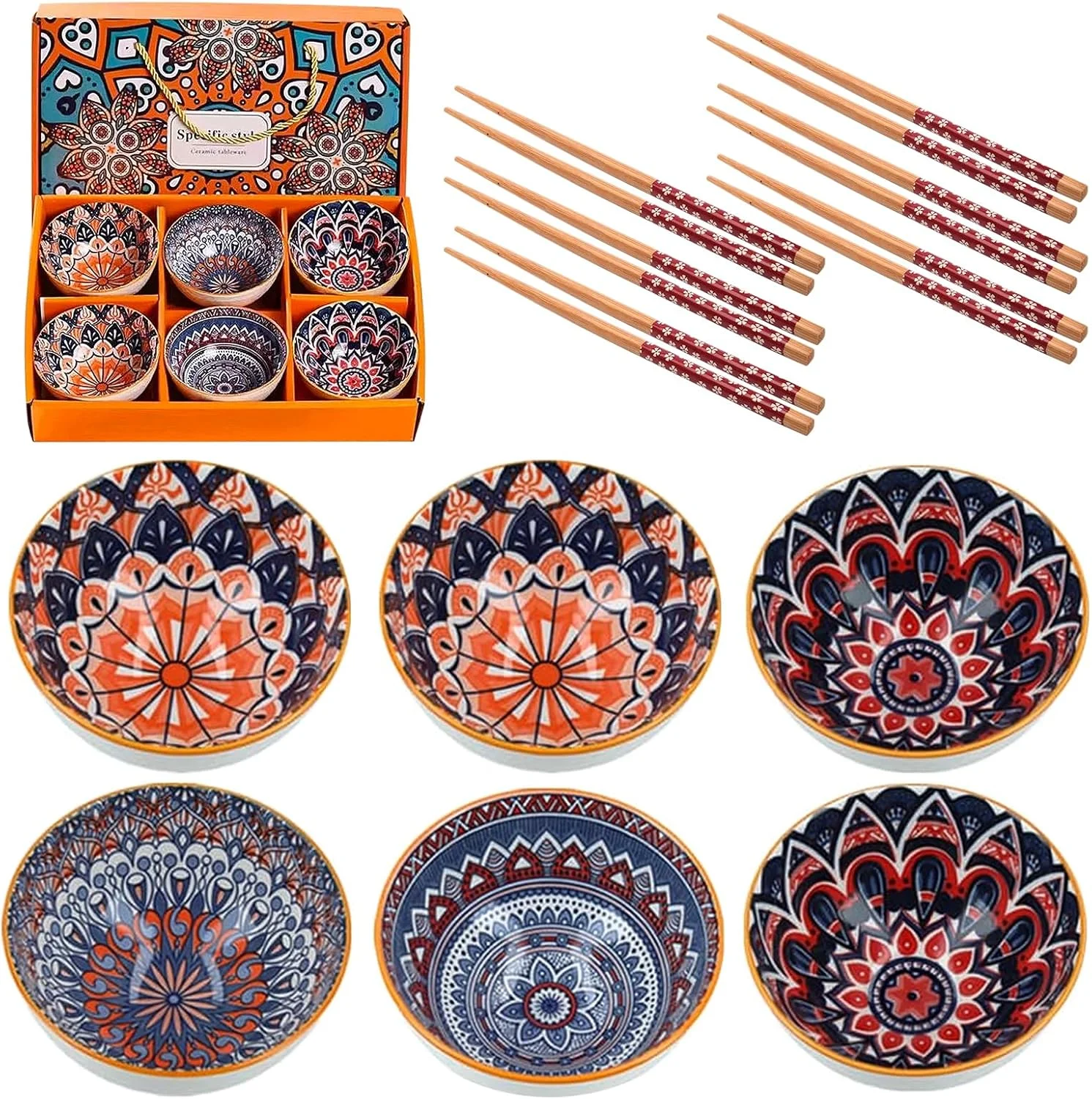 Cereal Bowls Porcelain, Set of 6 Dessert Bowls 300 ml, Bowls Set with Chopsticks, Soup Bowl, Small Bowls, Salad Bowls, Cereal Bowl for Living Room Use