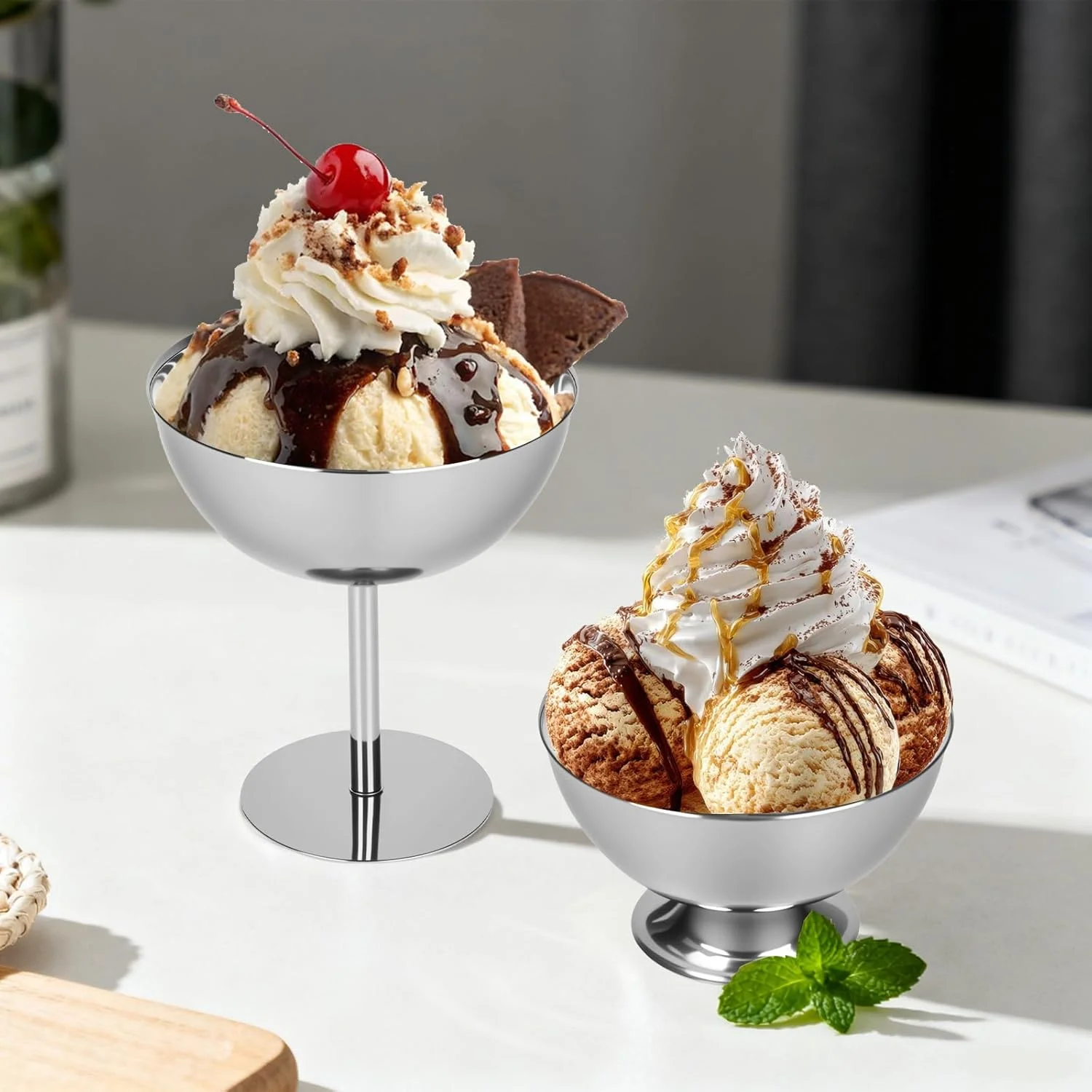 bssmmai Pack of 2 Ice Cream Bowls Stainless Steel Dessert Bowl with Base, Dessert Glasses 200 ml Stainless Steel Ice Cream Dessert Cups Dessert Cups for Ice Cream Fruit Salad Pudding