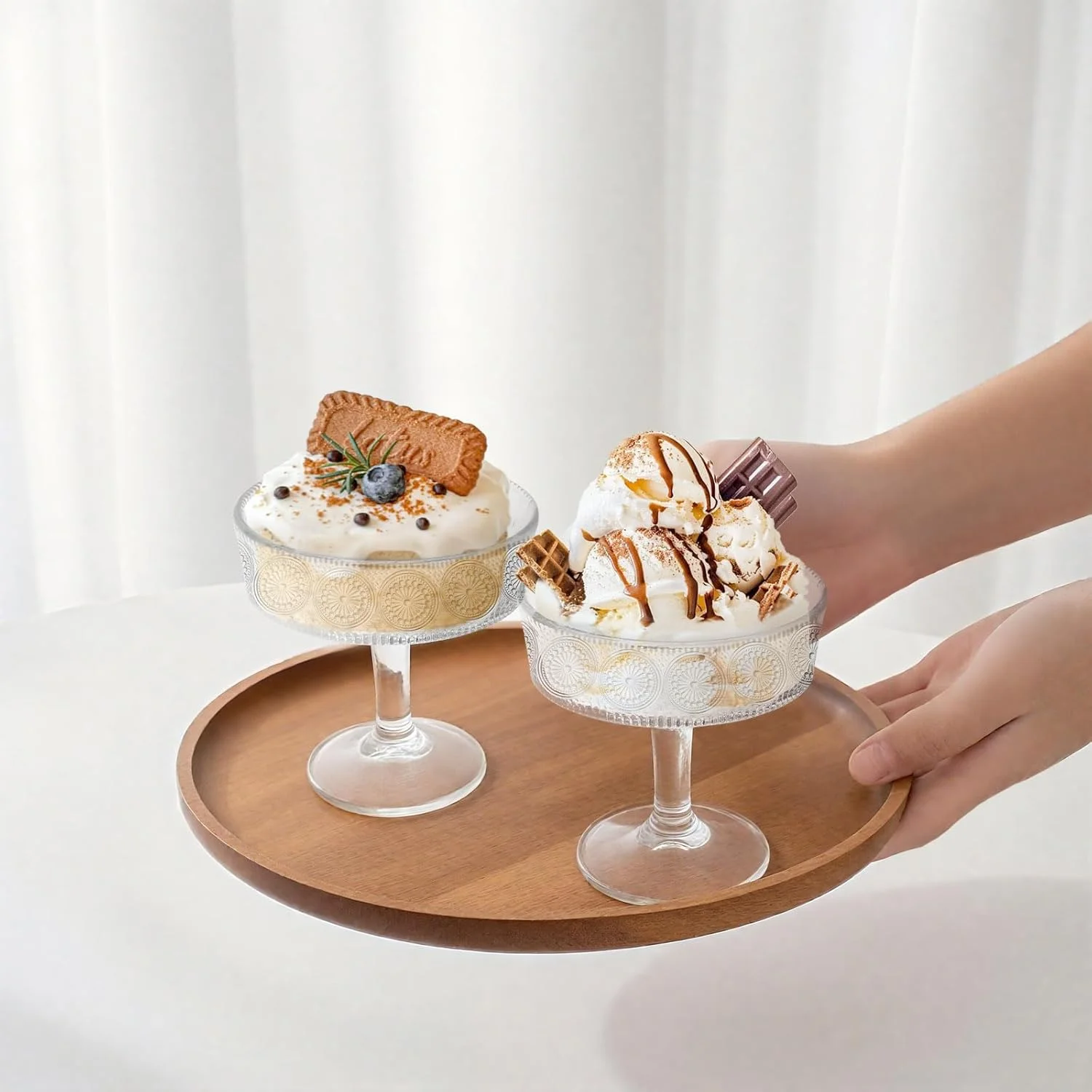 Fatiya 6 Pieces Clear Trifle Bowl with Pedestal, 6.68 OZ (190 ML) Small Glass Dessert Bowls Footed Serving Modern Design, Crystal Trifle Dish Stand Centerpiece for Ice Cream Salad Fruit Cakes Party