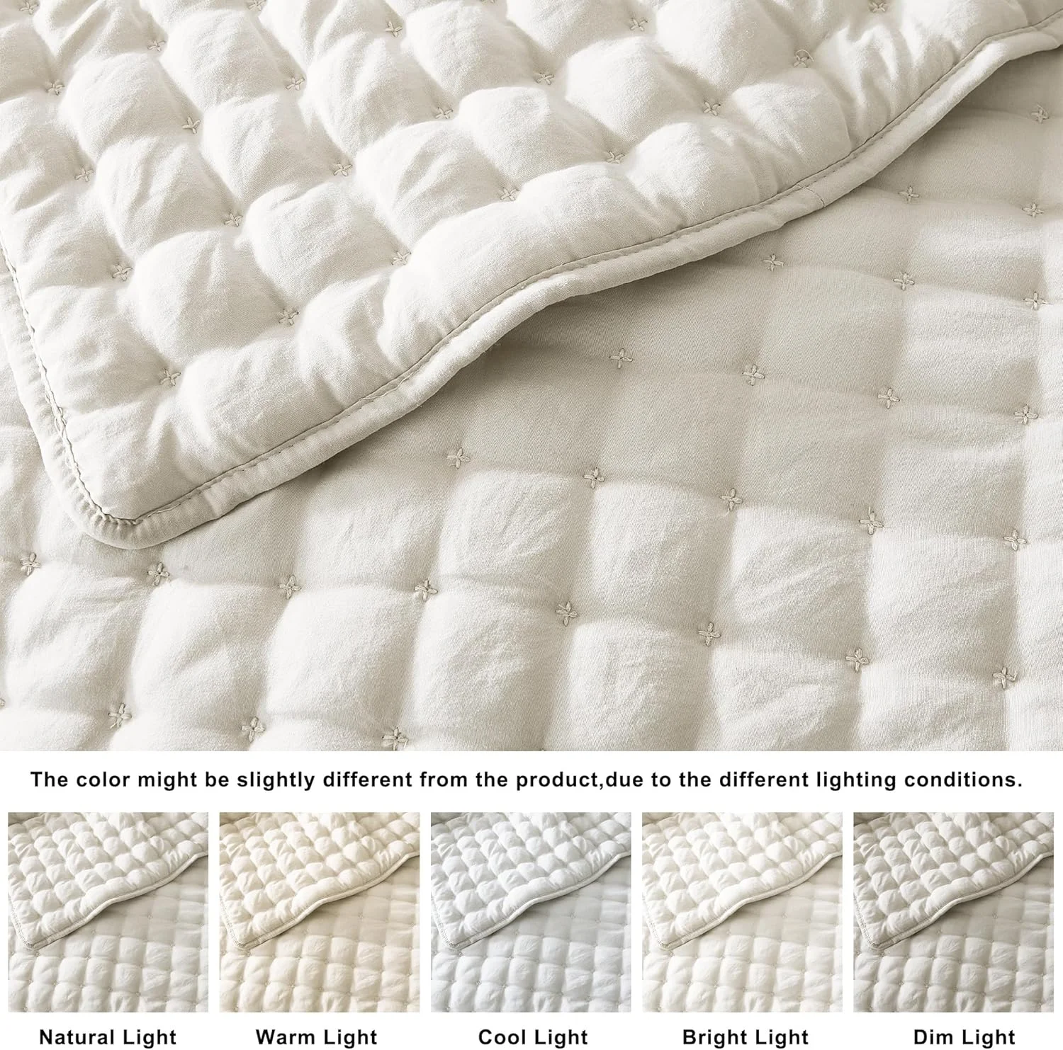 ست روتختی لحاف دوزی شده عاجی رنگ WDCOZY سایز کوئین به همراه 2 روبالشتی، رو تختی سبک و نرم، پتوی لحافی نازک مناسب تمام فصول، 3 تکه، 228x228 سانتی متر