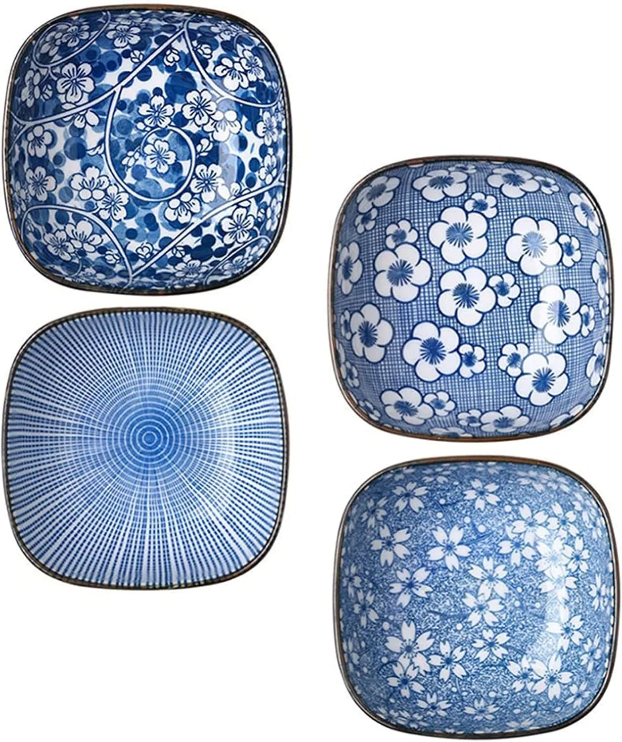 ست 4 عددی کاسه سرامیکی سس، کاسه چینی طرح گل، کاسه های سرامیکی لعاب دار برای غلات، سوپ، دسر، مناسب مایکروویو، کاسه های سس سوشی