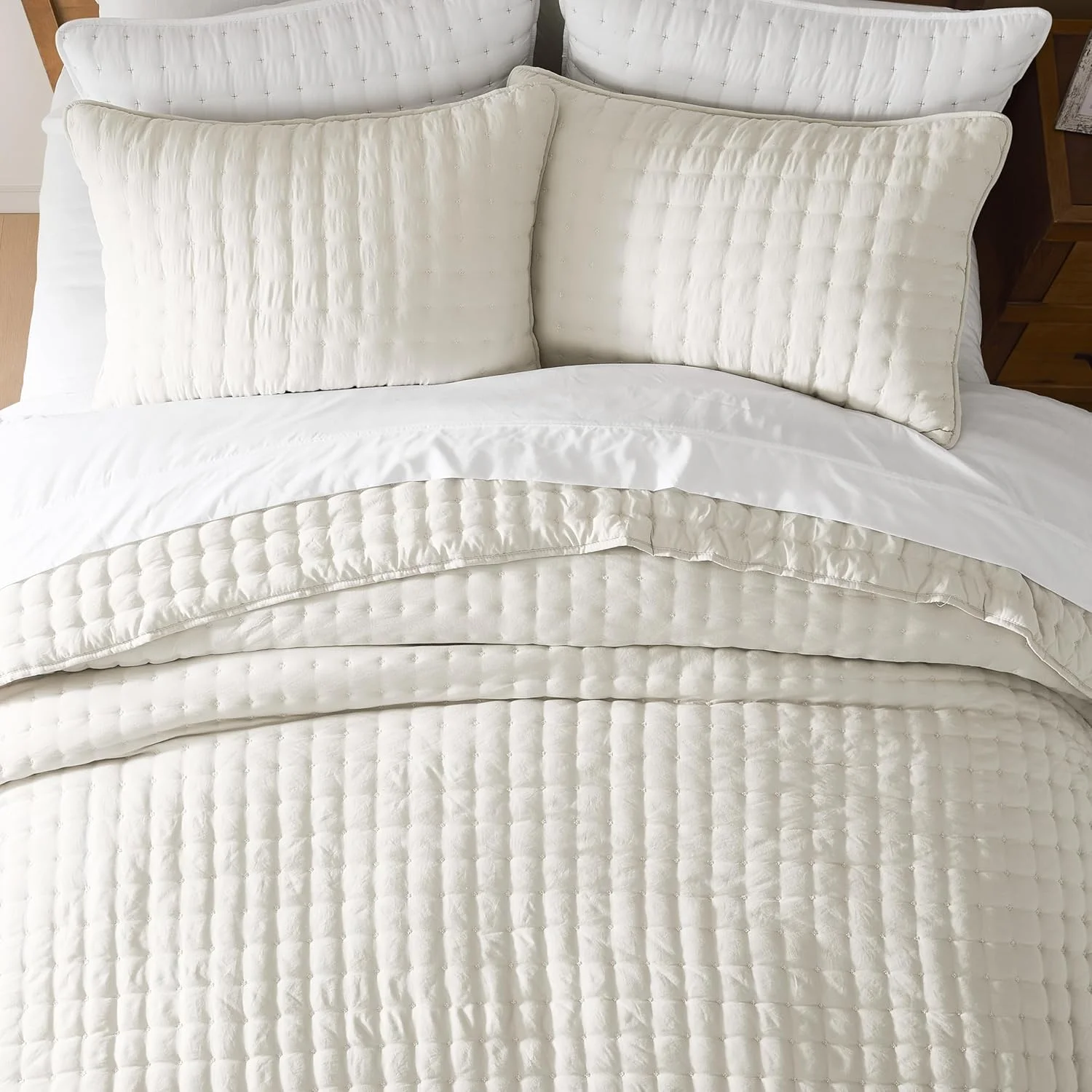 ست روتختی لحاف دوزی شده عاجی رنگ WDCOZY سایز کوئین به همراه 2 روبالشتی، رو تختی سبک و نرم، پتوی لحافی نازک مناسب تمام فصول، 3 تکه، 228x228 سانتی متر