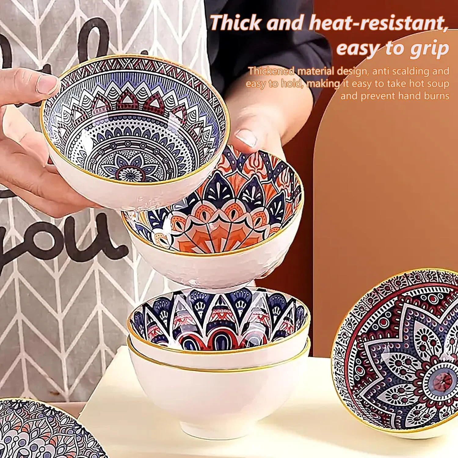 Cereal Bowls Porcelain, Set of 6 Dessert Bowls 300 ml, Bowls Set with Chopsticks, Soup Bowl, Small Bowls, Salad Bowls, Cereal Bowl for Living Room Use