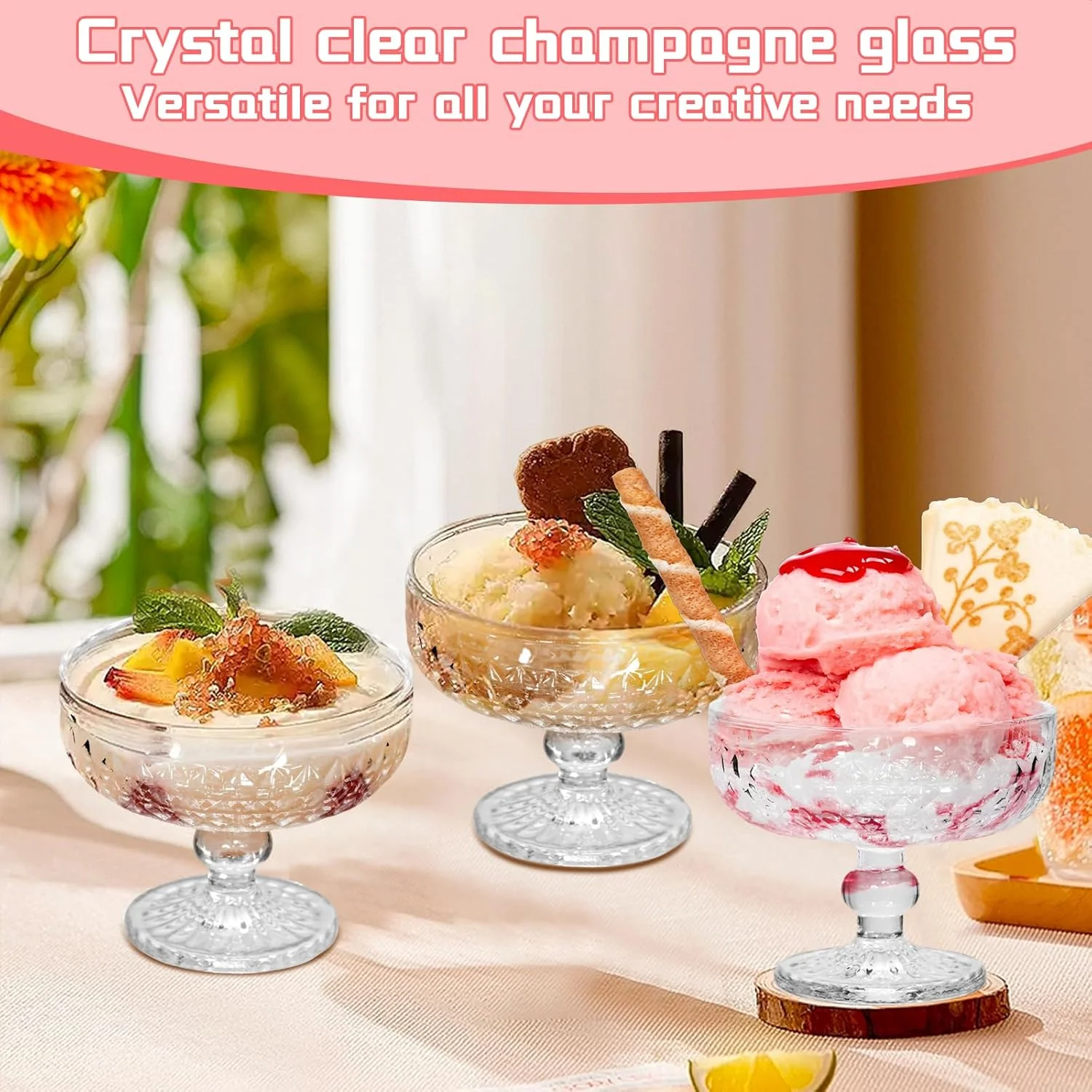 ست 6 عددی کاسه دسر شیشه ای Haayymo، مناسب بستنی، لیوان های پایه کوتاه برای سرو کوکتل میگو، پیش غذا، سالاد میوه، پودینگ، کاسه های پایه دار دسر و کوکتل (سفید)