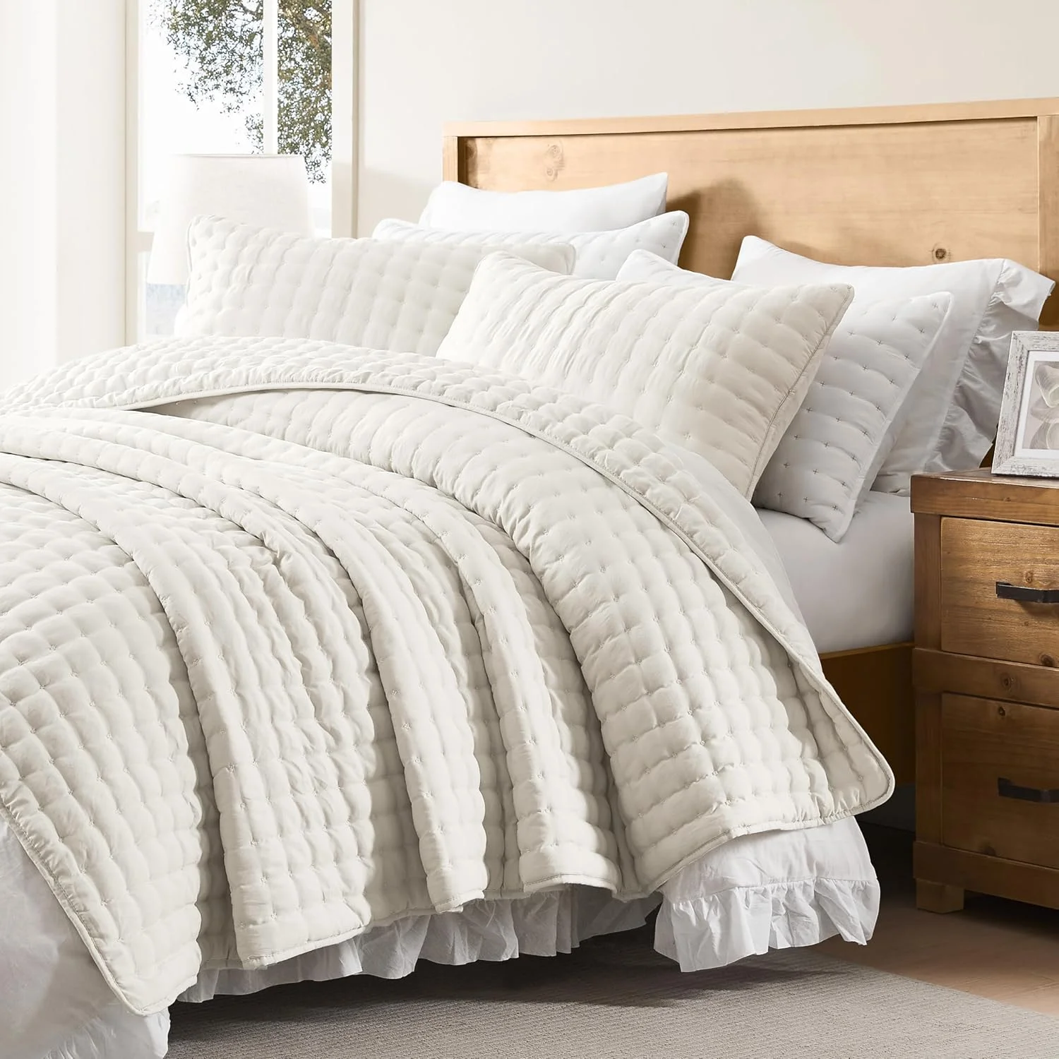 ست روتختی لحاف دوزی شده عاجی رنگ WDCOZY سایز کوئین به همراه 2 روبالشتی، رو تختی سبک و نرم، پتوی لحافی نازک مناسب تمام فصول، 3 تکه، 228x228 سانتی متر