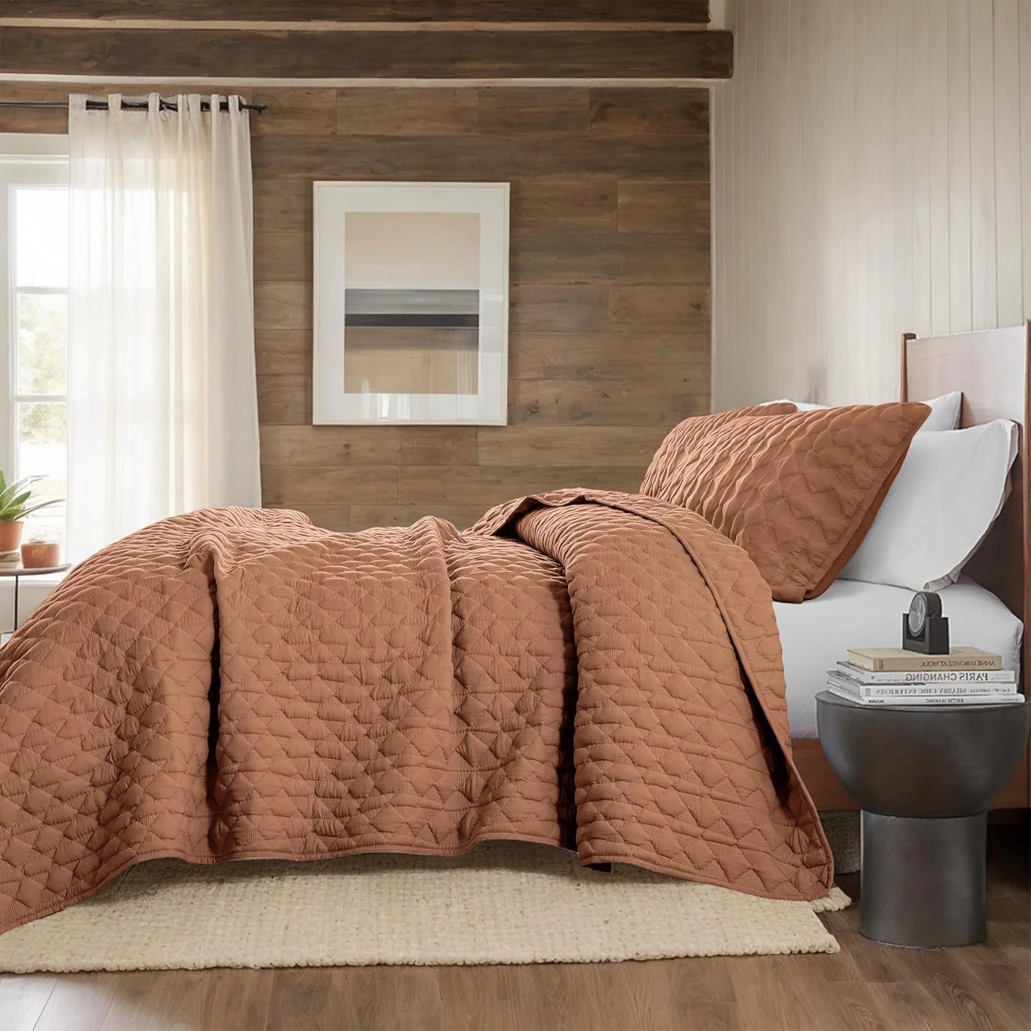 ست روتختی لحافی نارنجی سوخته WDCOZY سایز کوئین به همراه 2 روبالشتی، رو تختی قرمز سبک و نرم، پتوی لحافی نازک مناسب تمام فصول، 3 تکه، 90x90 اینچ