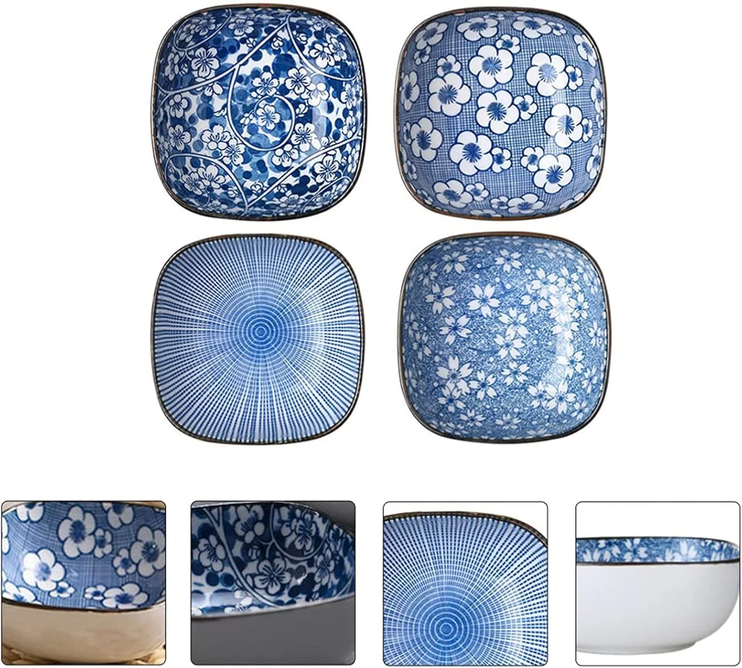 ست 4 عددی کاسه سرامیکی سس، کاسه چینی طرح گل، کاسه های سرامیکی لعاب دار برای غلات، سوپ، دسر، مناسب مایکروویو، کاسه های سس سوشی