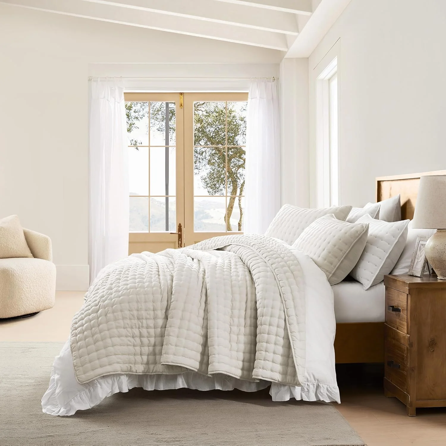 ست روتختی لحاف دوزی شده عاجی رنگ WDCOZY سایز کوئین به همراه 2 روبالشتی، رو تختی سبک و نرم، پتوی لحافی نازک مناسب تمام فصول، 3 تکه، 228x228 سانتی متر