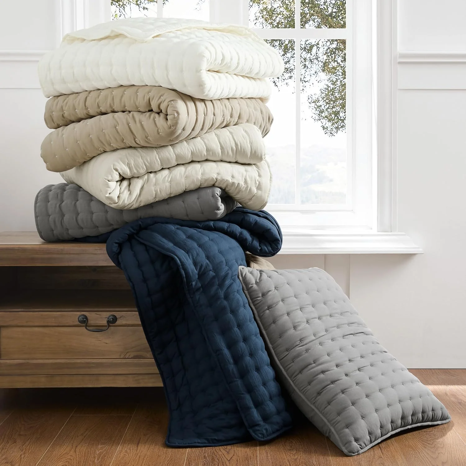 ست روتختی لحاف دوزی شده عاجی رنگ WDCOZY سایز کوئین به همراه 2 روبالشتی، رو تختی سبک و نرم، پتوی لحافی نازک مناسب تمام فصول، 3 تکه، 228x228 سانتی متر