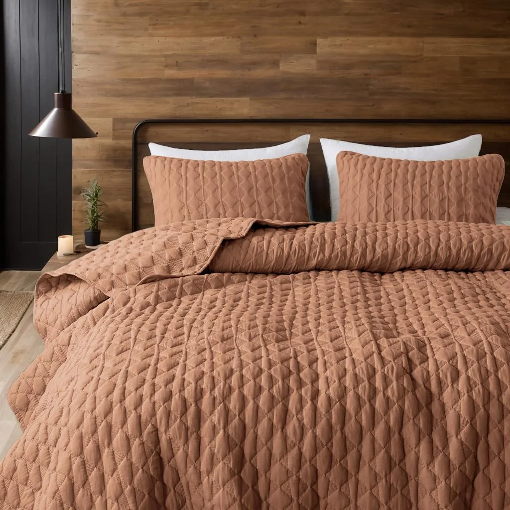 ست روتختی لحافی نارنجی سوخته WDCOZY سایز کوئین به همراه 2 روبالشتی، رو تختی قرمز سبک و نرم، پتوی لحافی نازک مناسب تمام فصول، 3 تکه، 90x90 اینچ