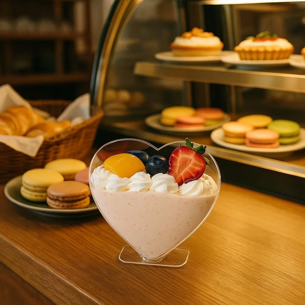 ظروف دسر آقهور، فنجان های دسر با قاشق، فنجان های پیش غذای پارفه برای دسر تیرامیسو، پودینگ، موس، فنجان های دسر با درب، 80 میلی لیتر، بسته 50 عددی، طرح قلب