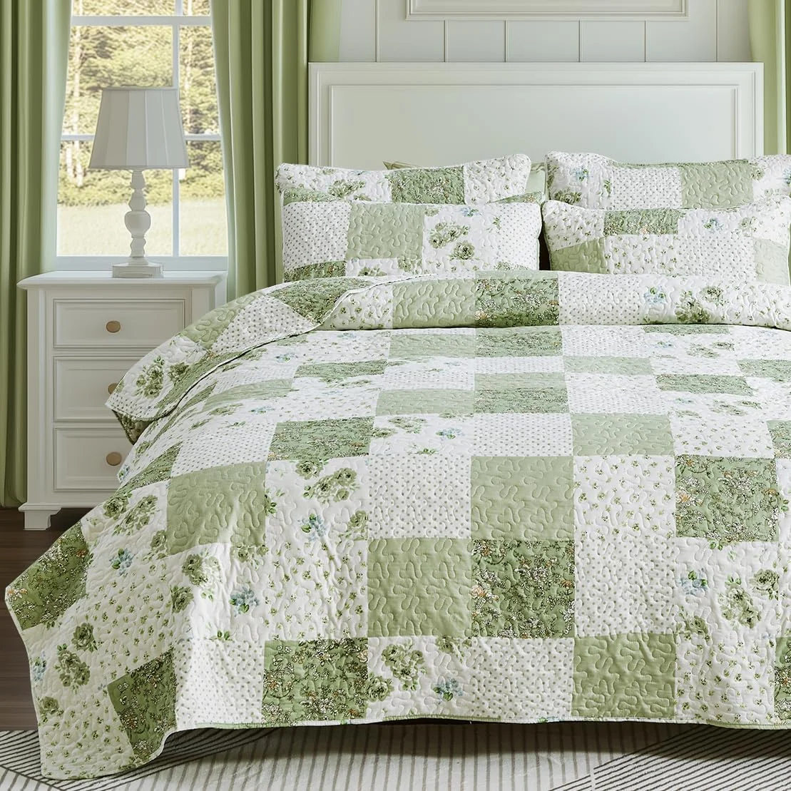 ست لحاف تکه دوزی شده طرح گلدار سبز VIVILINEN سایز کوئین/کامل، ست روتختی دو رو، ست روتختی 3 تکه، رو تختی با 2 روبالشی