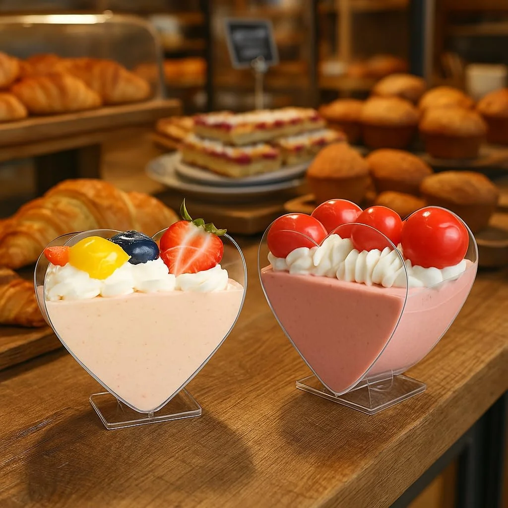 ظروف دسر آقهور، فنجان های دسر با قاشق، فنجان های پیش غذای پارفه برای دسر تیرامیسو، پودینگ، موس، فنجان های دسر با درب، 80 میلی لیتر، بسته 50 عددی، طرح قلب