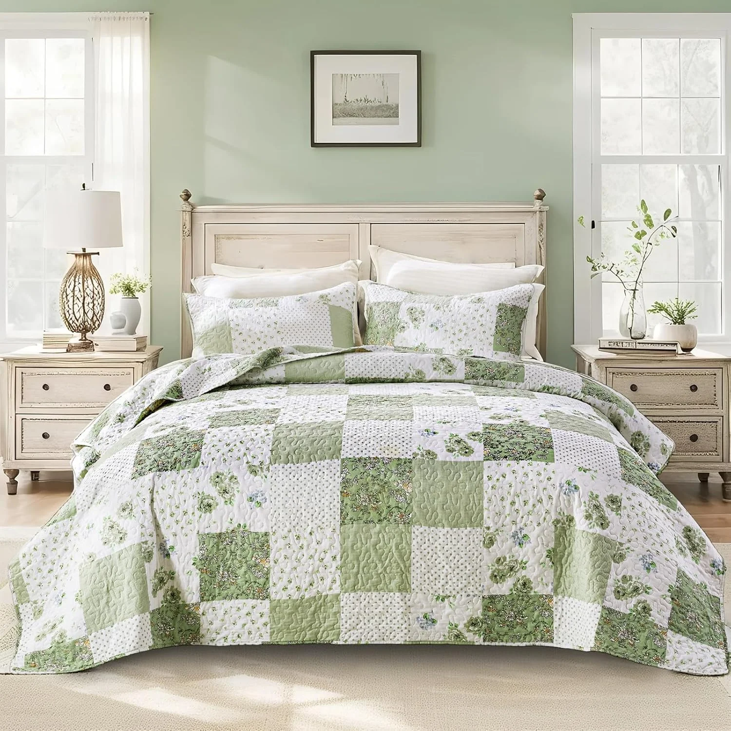 ست لحاف تکه دوزی شده طرح گلدار سبز VIVILINEN سایز کوئین/کامل، ست روتختی دو رو، ست روتختی 3 تکه، رو تختی با 2 روبالشی