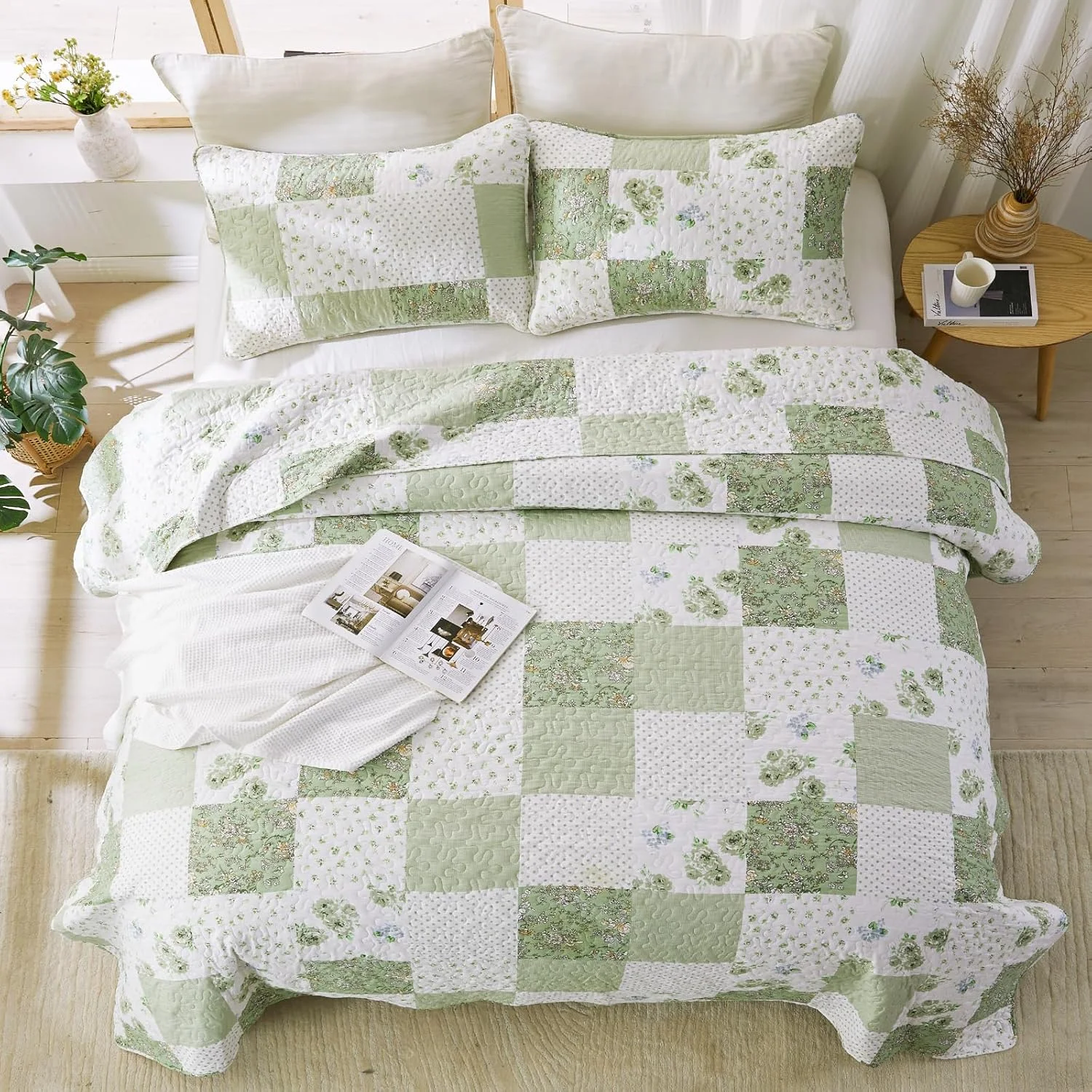 ست لحاف تکه دوزی شده طرح گلدار سبز VIVILINEN سایز کوئین/کامل، ست روتختی دو رو، ست روتختی 3 تکه، رو تختی با 2 روبالشی
