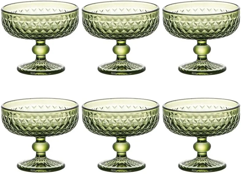Haayymo Glass Dessert Bowls Sundae Ice Cream Set of 6, Short Stemmed Prawn Cocktail Glasses Appetiser Fruit Salads Pudding Dishes Footed Dessert Sundae Cocktail Bowls (Green)