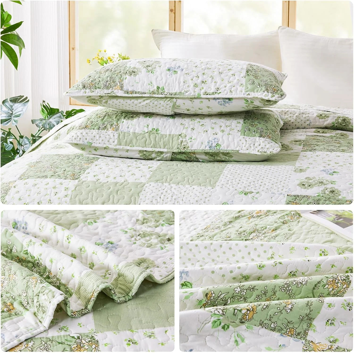 ست لحاف تکه دوزی شده طرح گلدار سبز VIVILINEN سایز کوئین/کامل، ست روتختی دو رو، ست روتختی 3 تکه، رو تختی با 2 روبالشی
