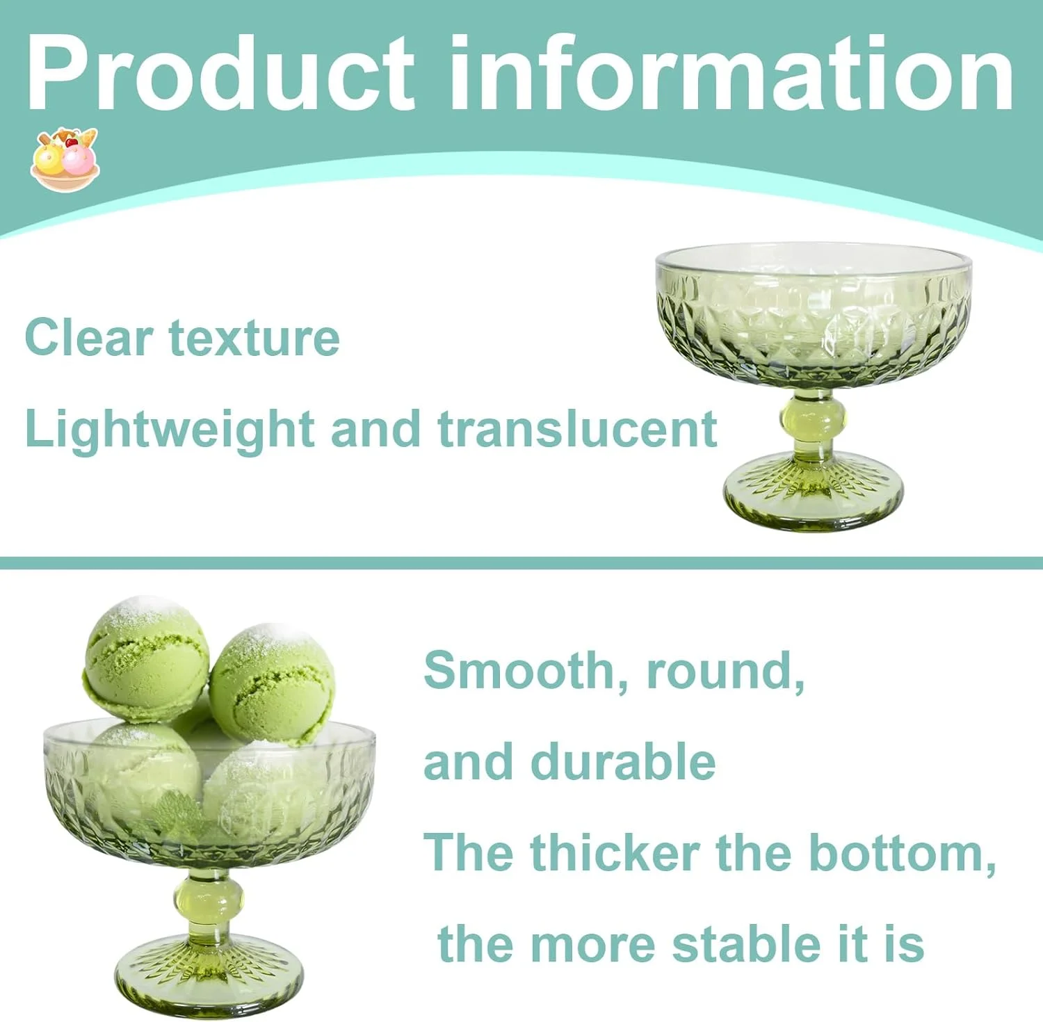 Haayymo Glass Dessert Bowls Sundae Ice Cream Set of 6, Short Stemmed Prawn Cocktail Glasses Appetiser Fruit Salads Pudding Dishes Footed Dessert Sundae Cocktail Bowls (Green)