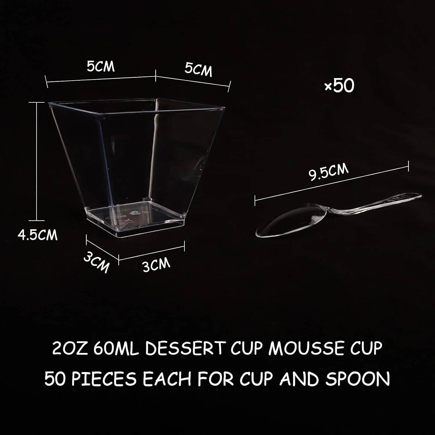 مجموعه 50 عددی فنجان دسر Yisscen با قاشق، مجموعه کاسه دسر 60 میلی لیتری، فنجان های دسر پلاستیکی DIY، فنجان های ذوزنقه ای قابل استفاده مجدد برای خانه، دسر، پیک نیک، مهمانی ها، ماشین ظرفشویی
