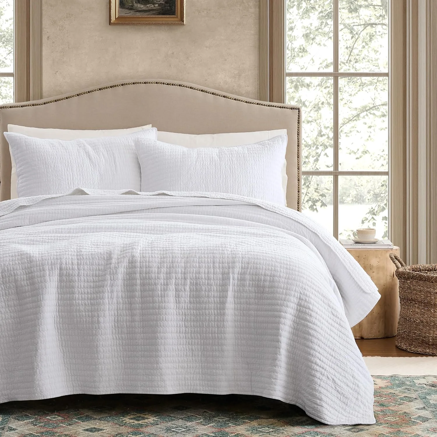 ست لحاف کینگ سایز 100% پنبه WDCOZY - روتختی نرم و سبک وزن با طرح راه راه سفید، بافت شبیه کتان، رو تختی روستایی به سبک خانه های روستایی، ملحفه گازی شیک و کهنه نما، 3 تکه