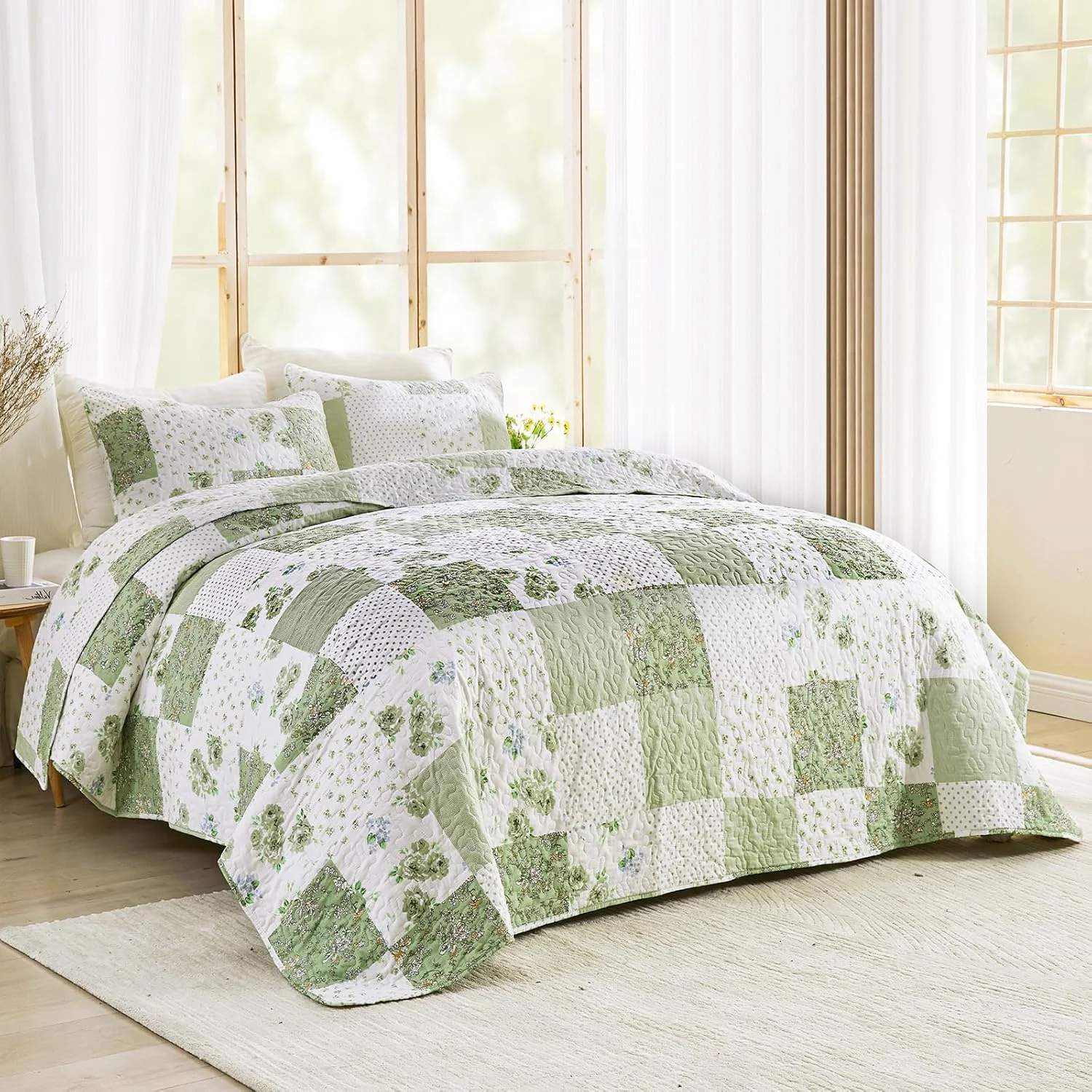 ست لحاف تکه دوزی شده طرح گلدار سبز VIVILINEN سایز کوئین/کامل، ست روتختی دو رو، ست روتختی 3 تکه، رو تختی با 2 روبالشی
