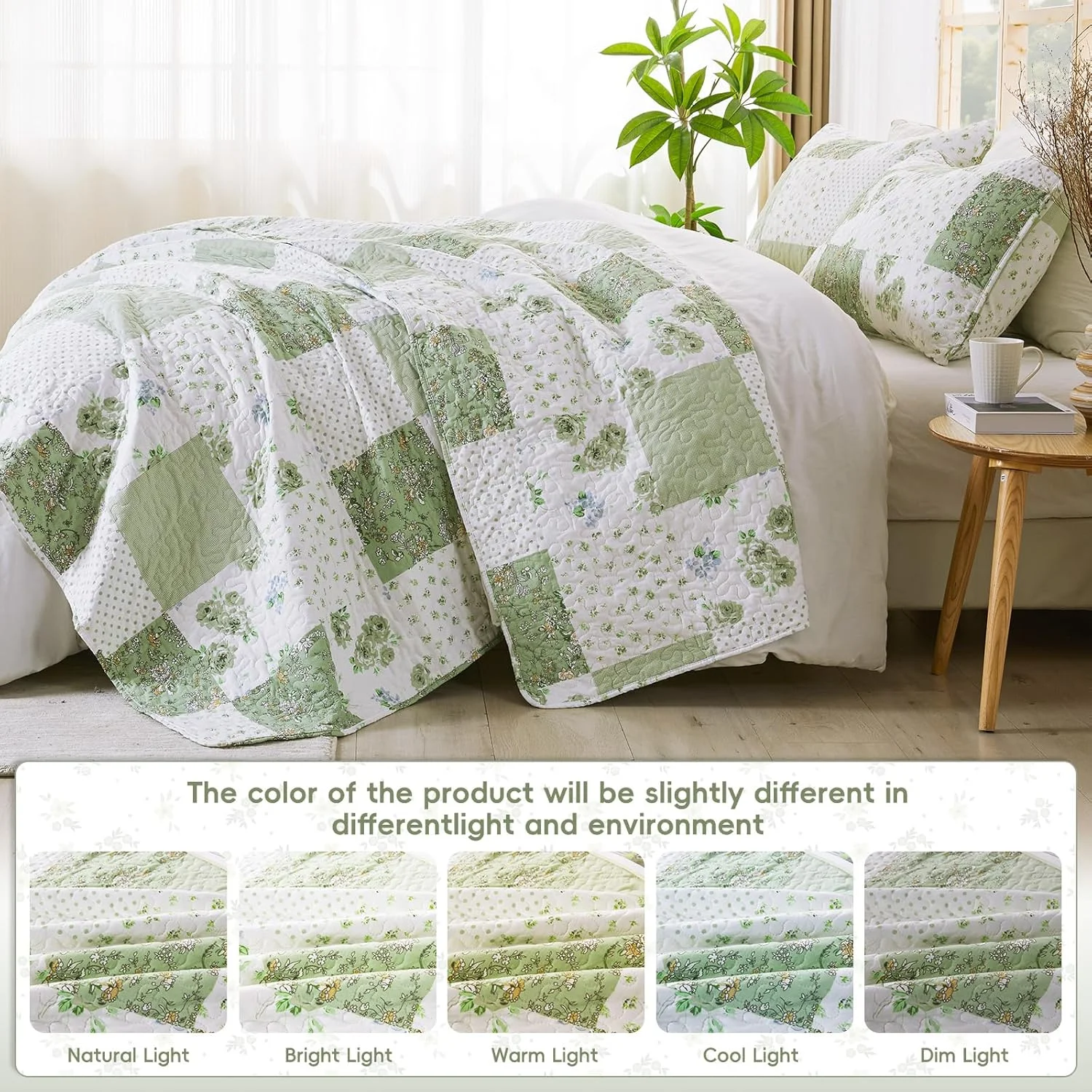 ست لحاف تکه دوزی شده طرح گلدار سبز VIVILINEN سایز کوئین/کامل، ست روتختی دو رو، ست روتختی 3 تکه، رو تختی با 2 روبالشی