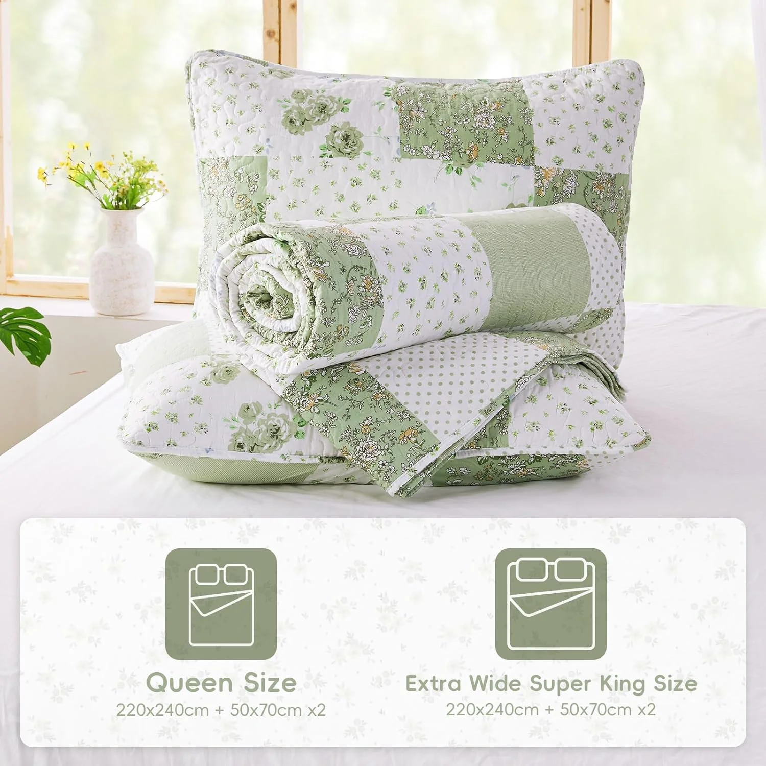 ست لحاف تکه دوزی شده طرح گلدار سبز VIVILINEN سایز کوئین/کامل، ست روتختی دو رو، ست روتختی 3 تکه، رو تختی با 2 روبالشی