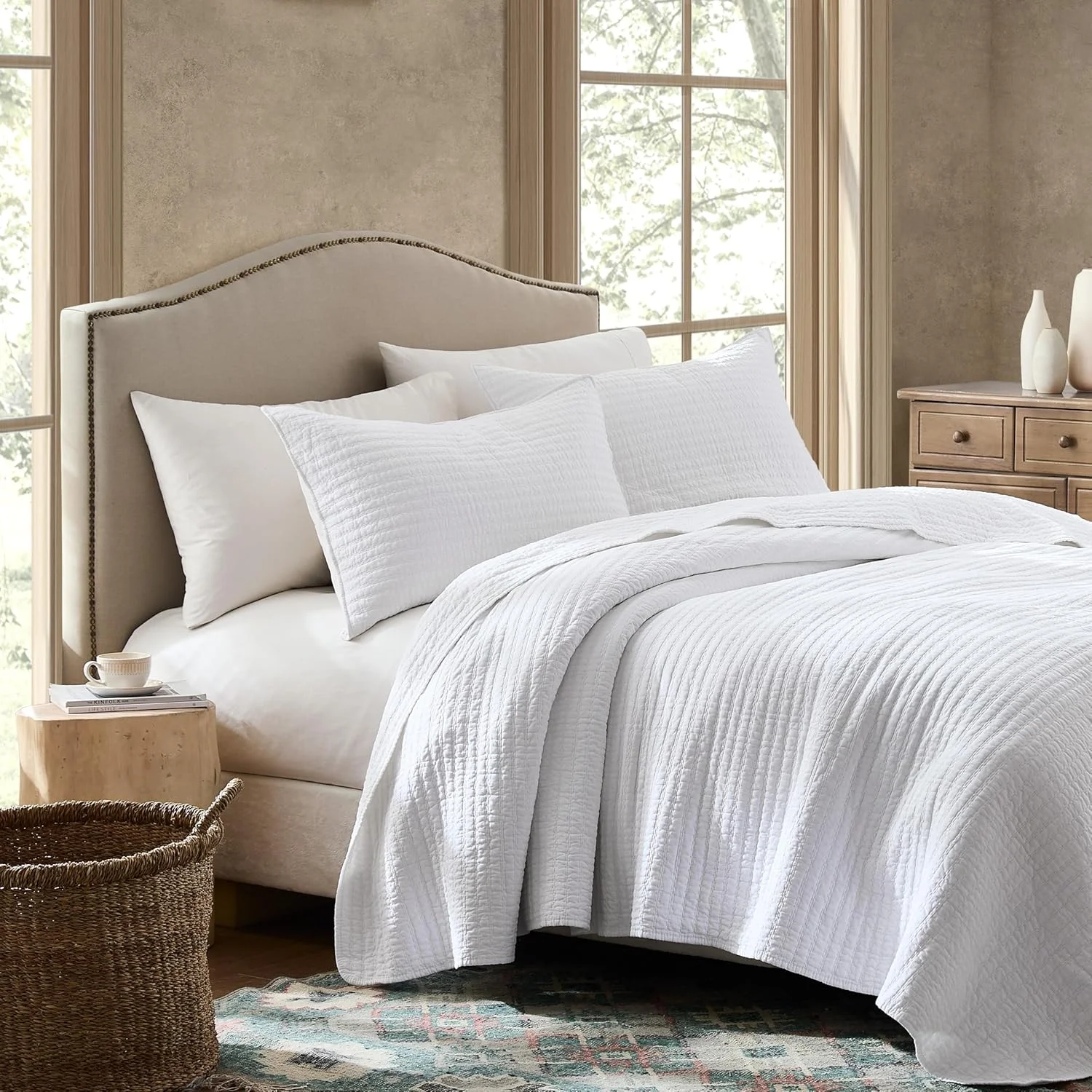 ست لحاف کینگ سایز 100% پنبه WDCOZY - روتختی نرم و سبک وزن با طرح راه راه سفید، بافت شبیه کتان، رو تختی روستایی به سبک خانه های روستایی، ملحفه گازی شیک و کهنه نما، 3 تکه