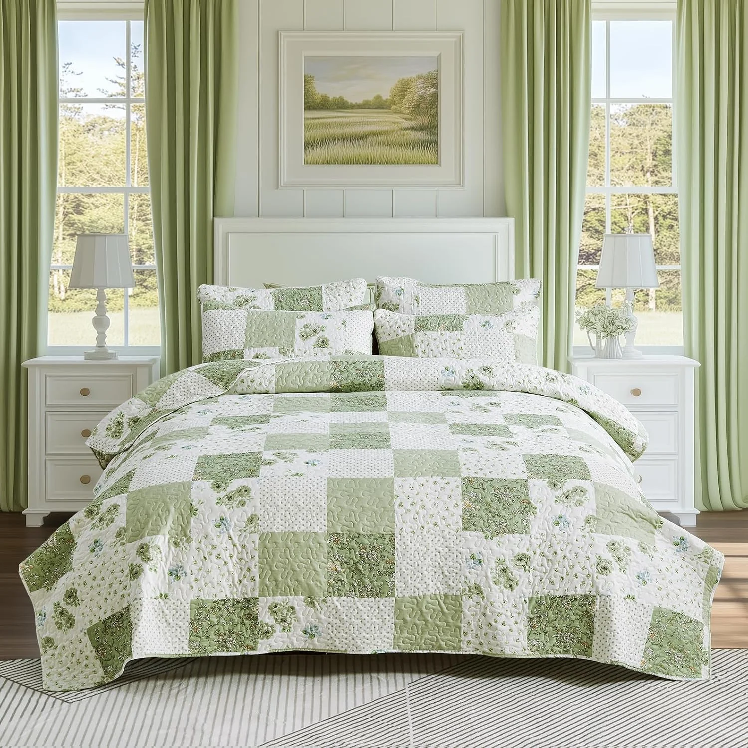 ست لحاف تکه دوزی شده طرح گلدار سبز VIVILINEN سایز کوئین/کامل، ست روتختی دو رو، ست روتختی 3 تکه، رو تختی با 2 روبالشی