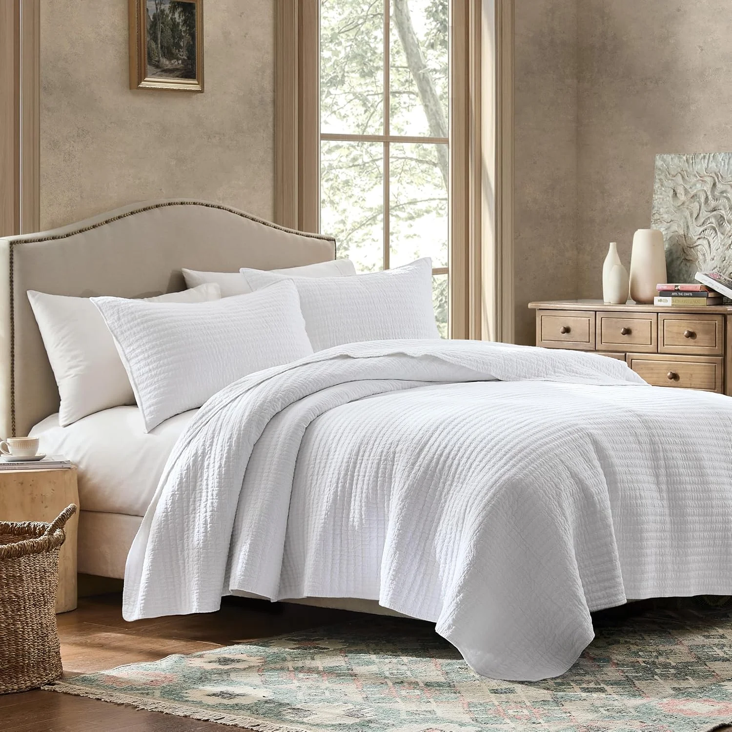 ست لحاف کینگ سایز 100% پنبه WDCOZY - روتختی نرم و سبک وزن با طرح راه راه سفید، بافت شبیه کتان، رو تختی روستایی به سبک خانه های روستایی، ملحفه گازی شیک و کهنه نما، 3 تکه