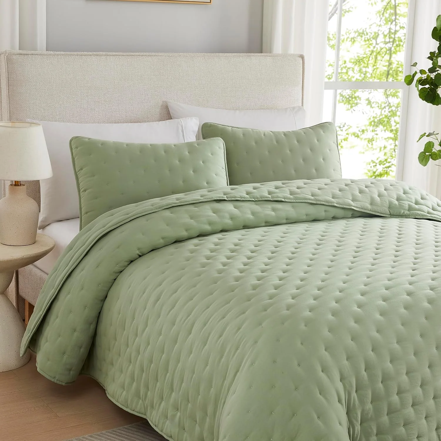 ست روتختی لحافی کالیفرنیا کینگ سایز ابر سبز مریم گلی با روبالشتی، رو تختی بزرگ و پفی دریایی، لحاف سبک وزن نرم و زیبا برای تمام فصول