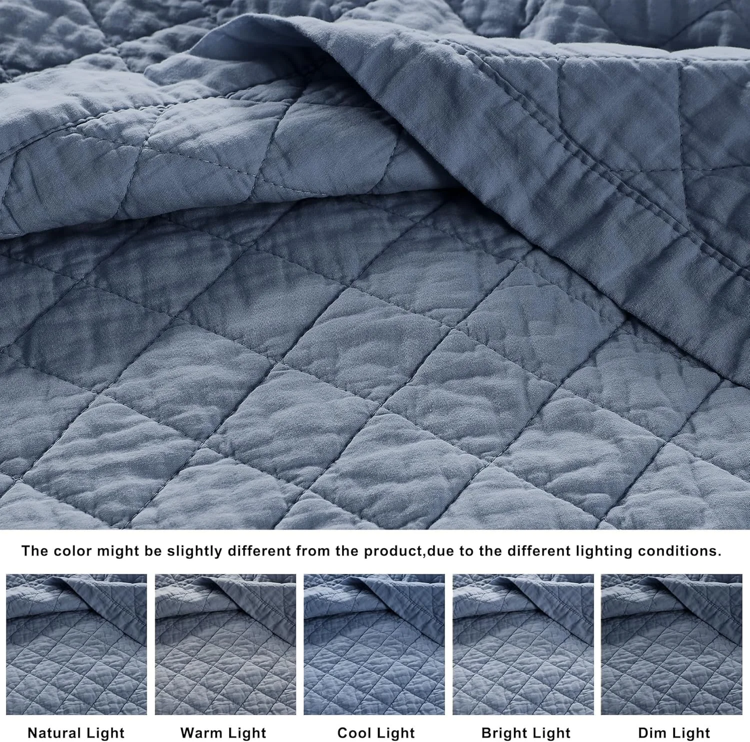 ست لحاف دونفره پنبه‌ای WDCOZY - آبی دودی با حاشیه چین‌دار، نرم و سبک، طرح بافت‌دار شبیه کتان، رو تختی روستایی به سبک خانه‌های مزرعه، روتختی گازی شیک و کهنه نما، 3 تکه