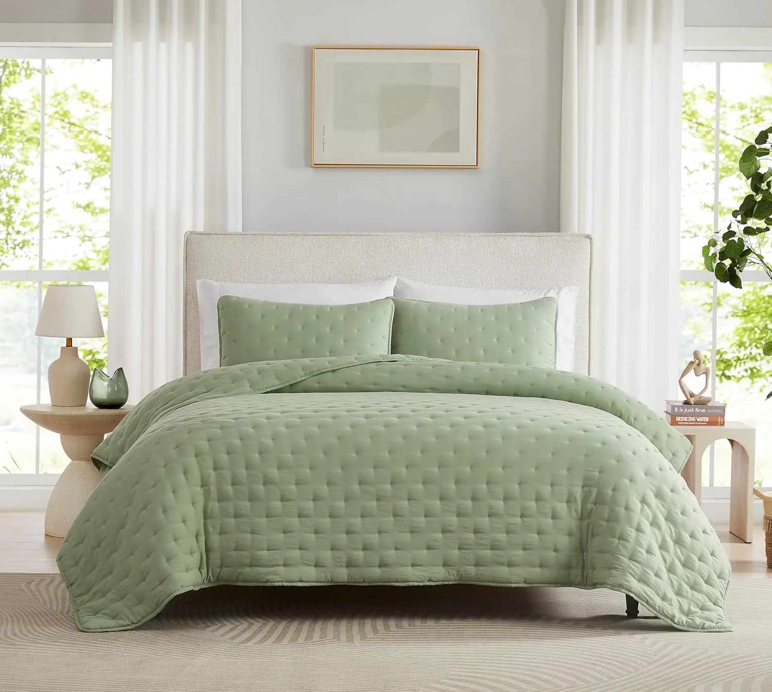 ست روتختی لحافی کالیفرنیا کینگ سایز ابر سبز مریم گلی با روبالشتی، رو تختی بزرگ و پفی دریایی، لحاف سبک وزن نرم و زیبا برای تمام فصول