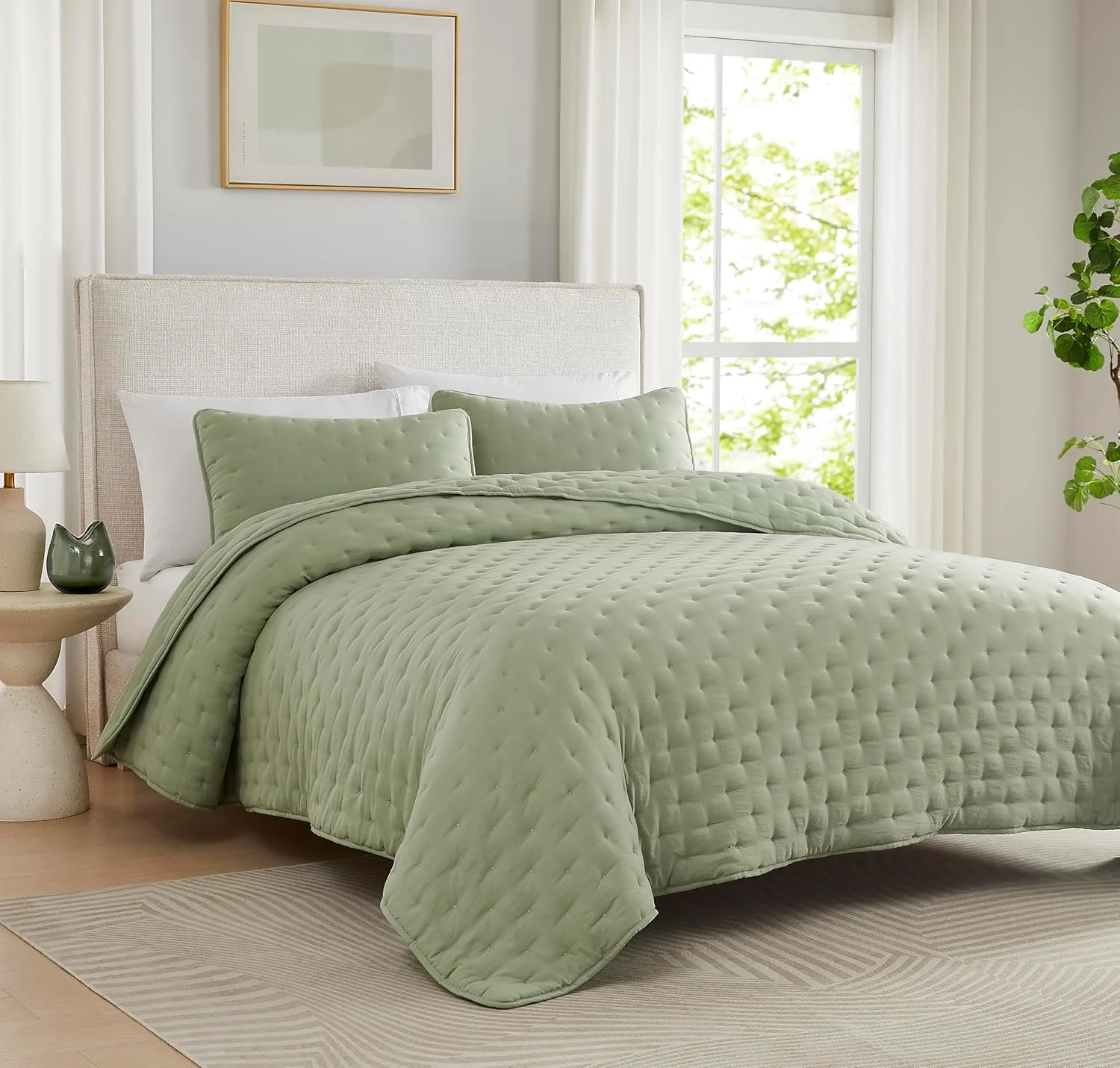 ست روتختی لحافی کالیفرنیا کینگ سایز ابر سبز مریم گلی با روبالشتی، رو تختی بزرگ و پفی دریایی، لحاف سبک وزن نرم و زیبا برای تمام فصول